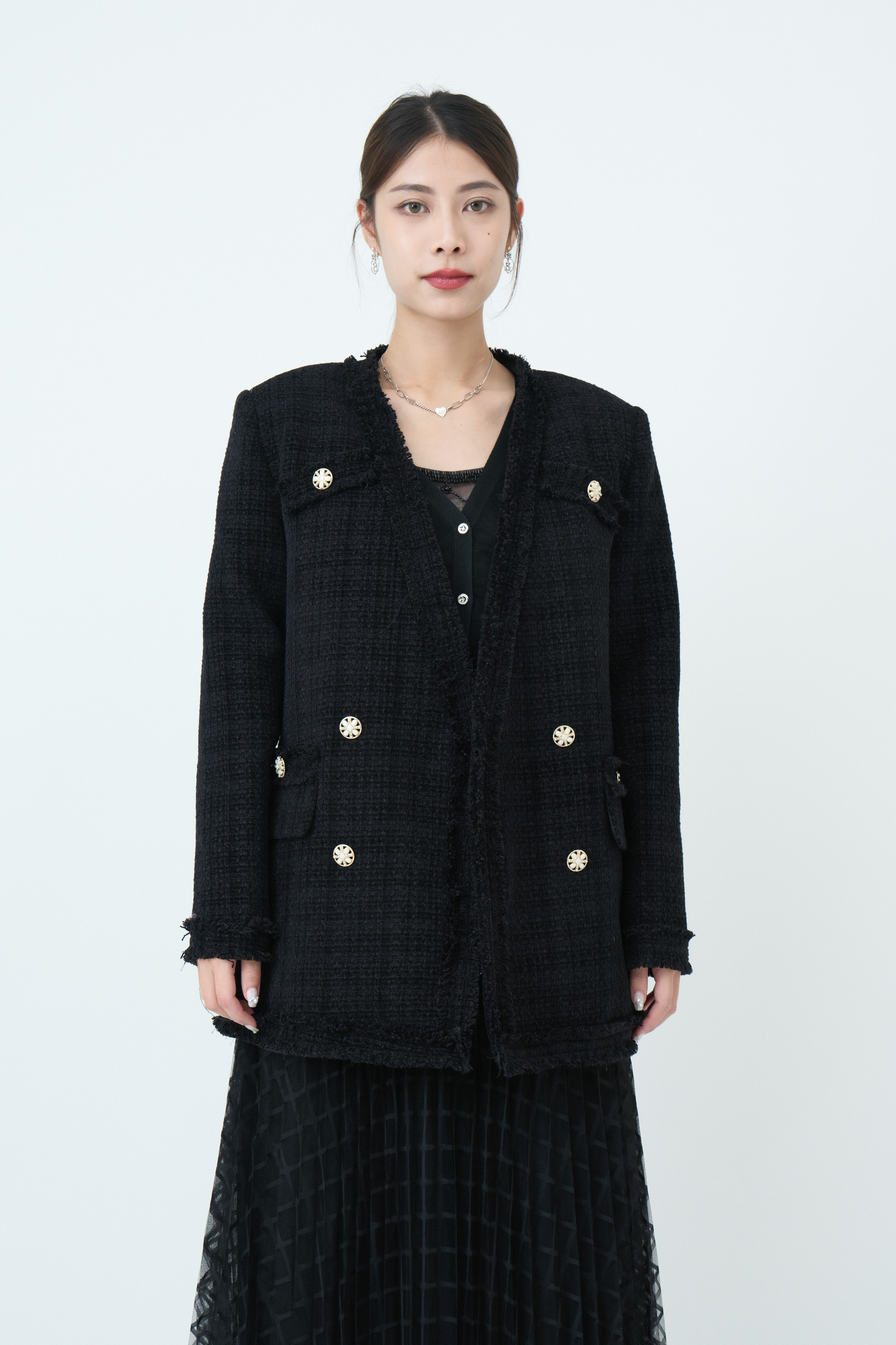 蘇蘇披邊大領絲絨tweed外套  （現貨款式）