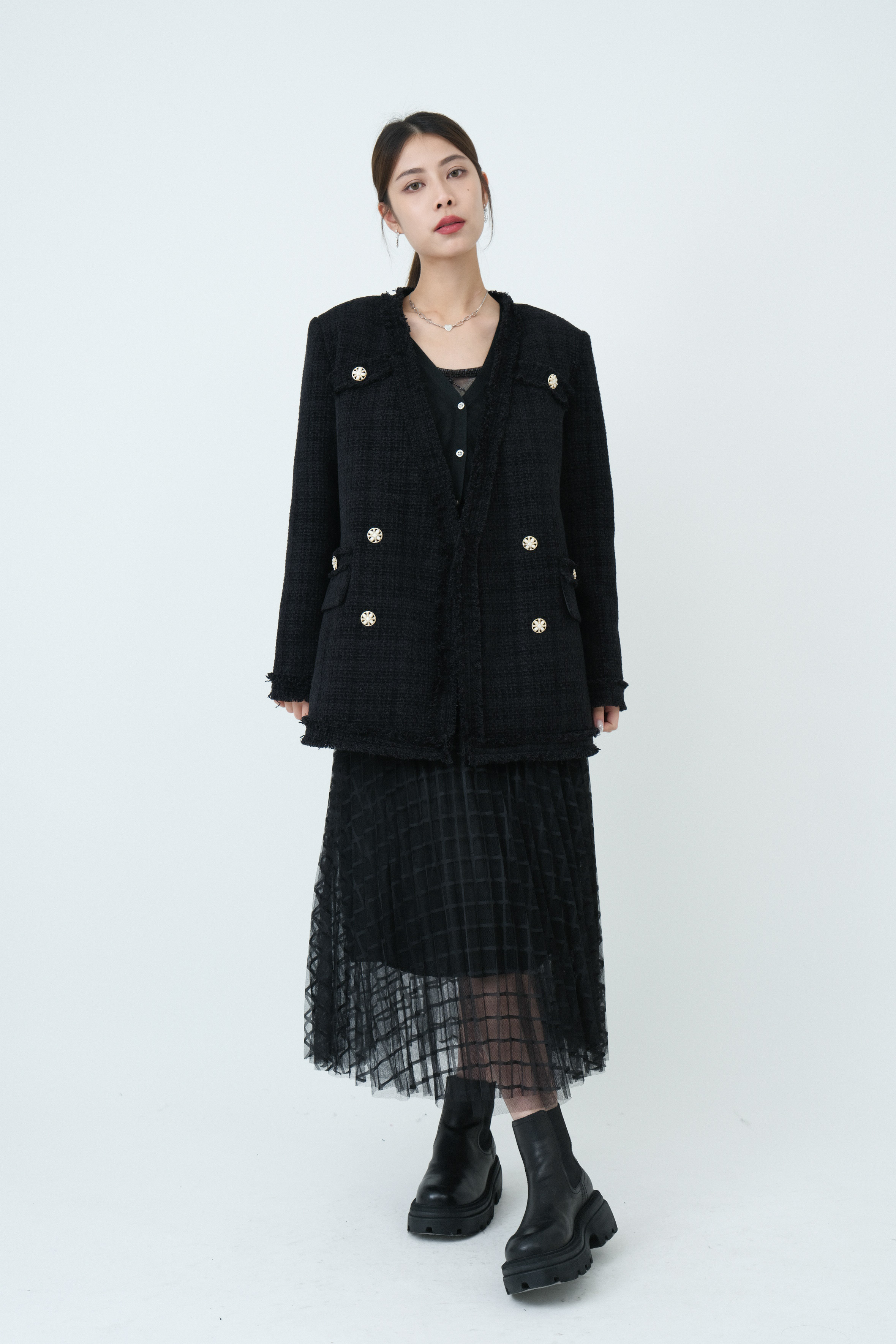 蘇蘇披邊大領絲絨tweed外套  （現貨款式）