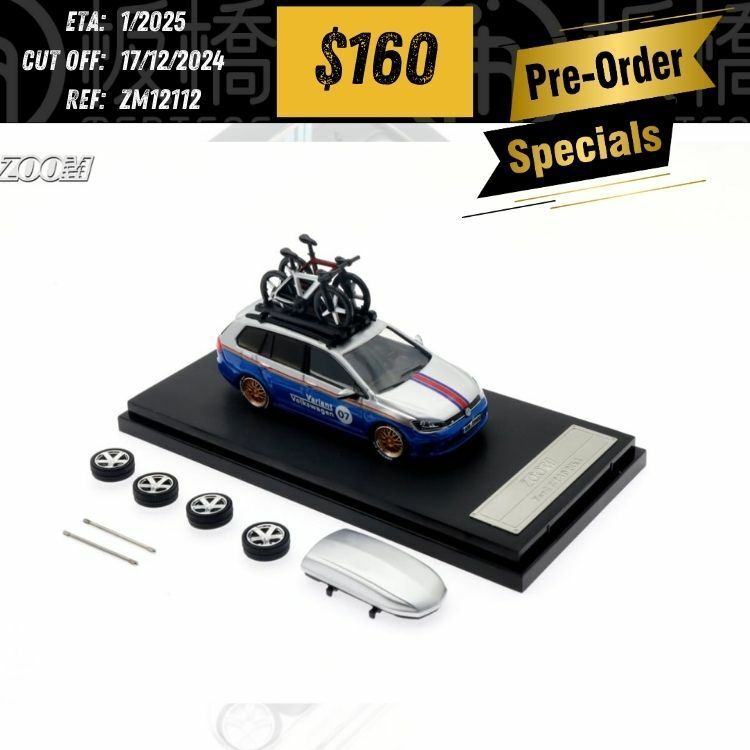 PO-$160 * ZOOM * 1:64 VOLKSWAGEN GOLF MK7 WAGON WHITE/BLUE W/ACCESSORIES [OD11/12]