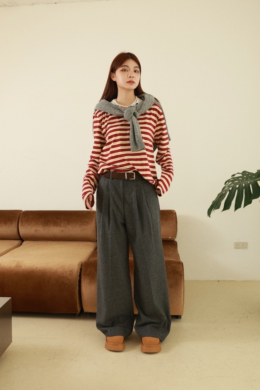 休閒polo領條紋上衣-磚紅