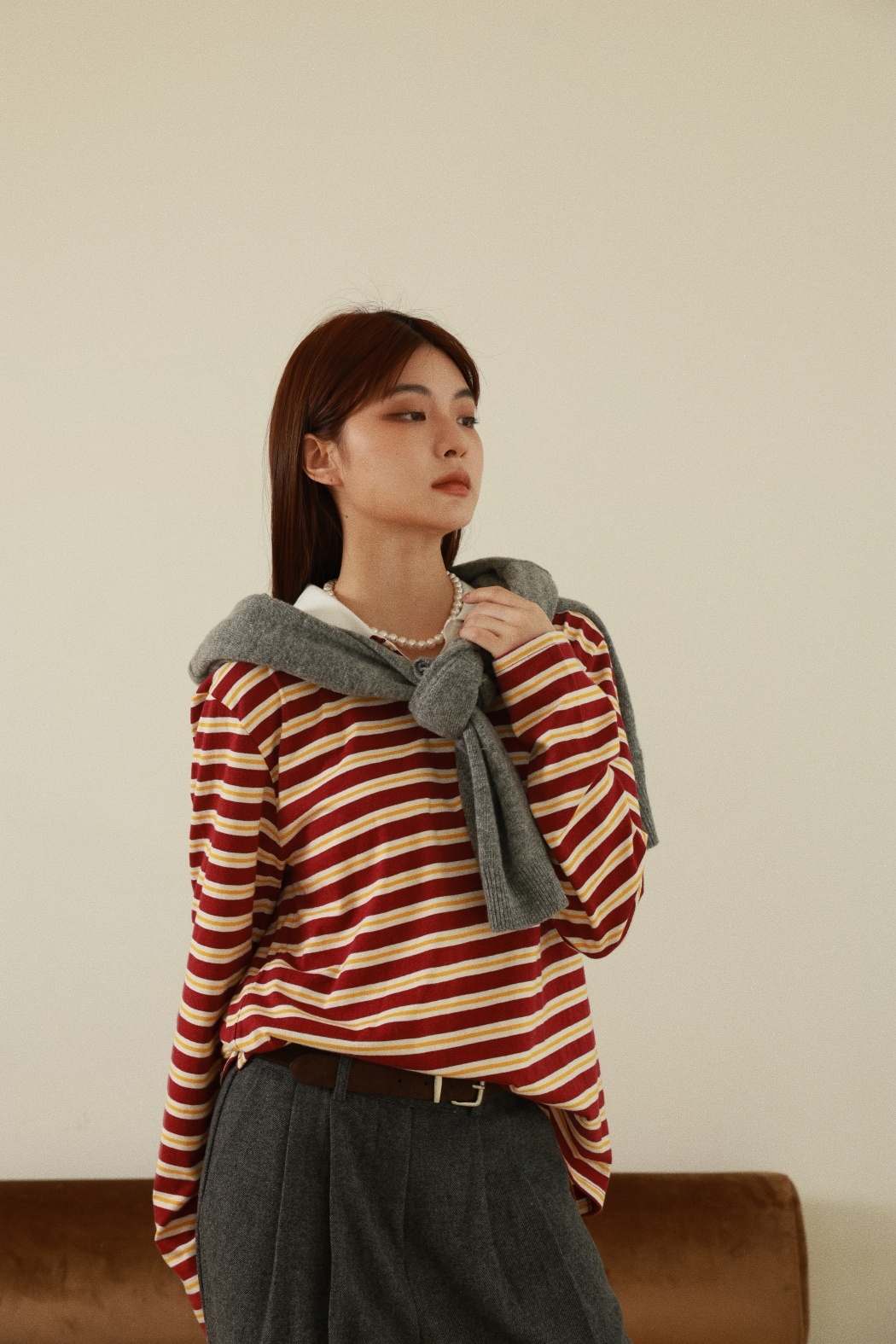 休閒polo領條紋上衣-磚紅