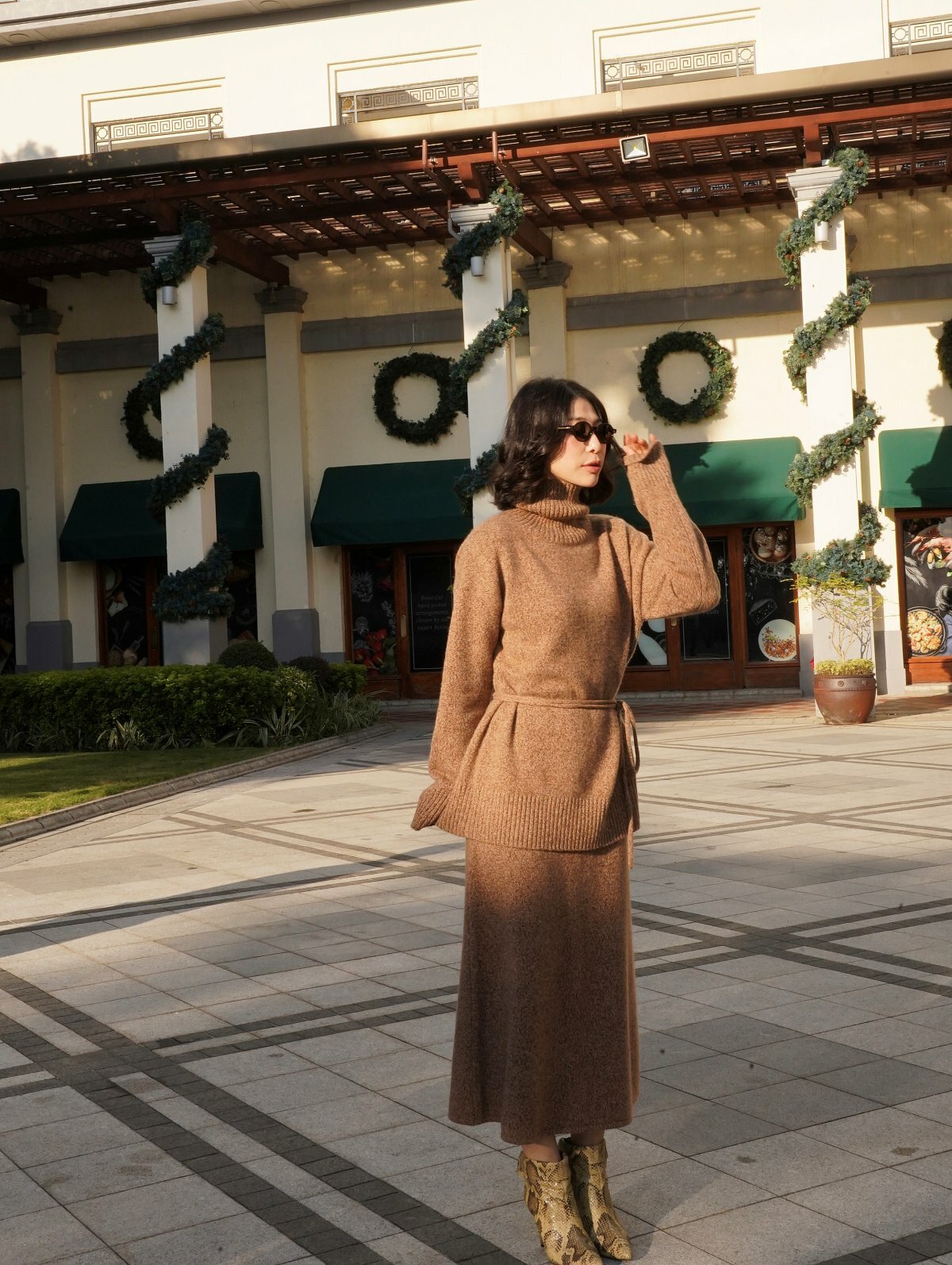 HANAA 秋冬新款100%康賽妮羊絨混色雪花紗簡約針織半裙