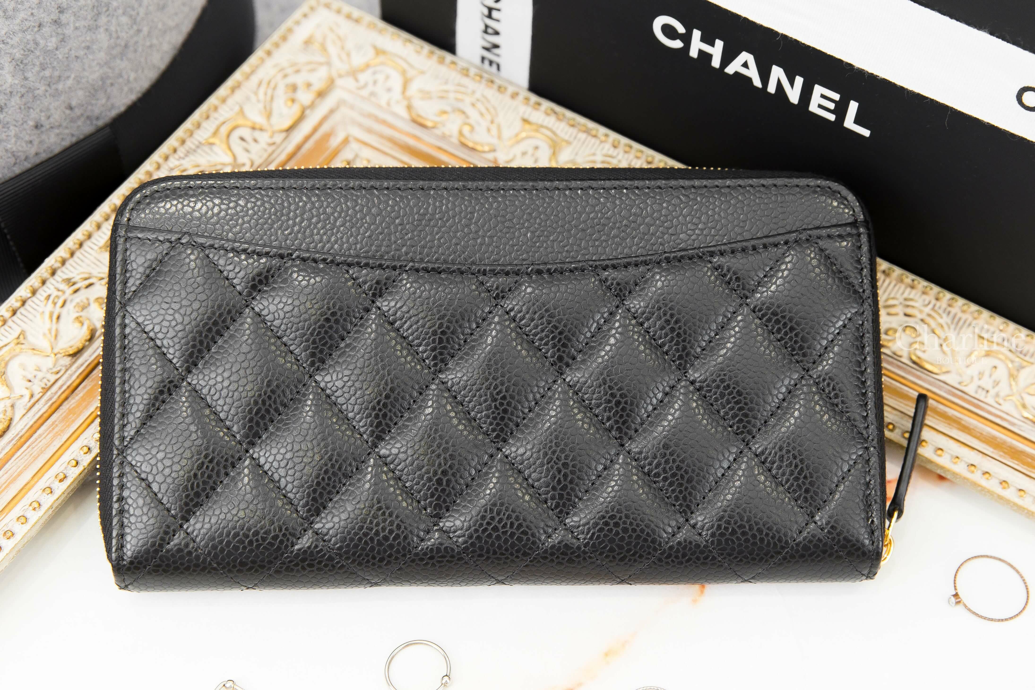 Chanel Zip Long Wallet 黑色金CC酒紅內裡荔枝菱格紋拉鍊長夾-Charline Boutique 精品代購