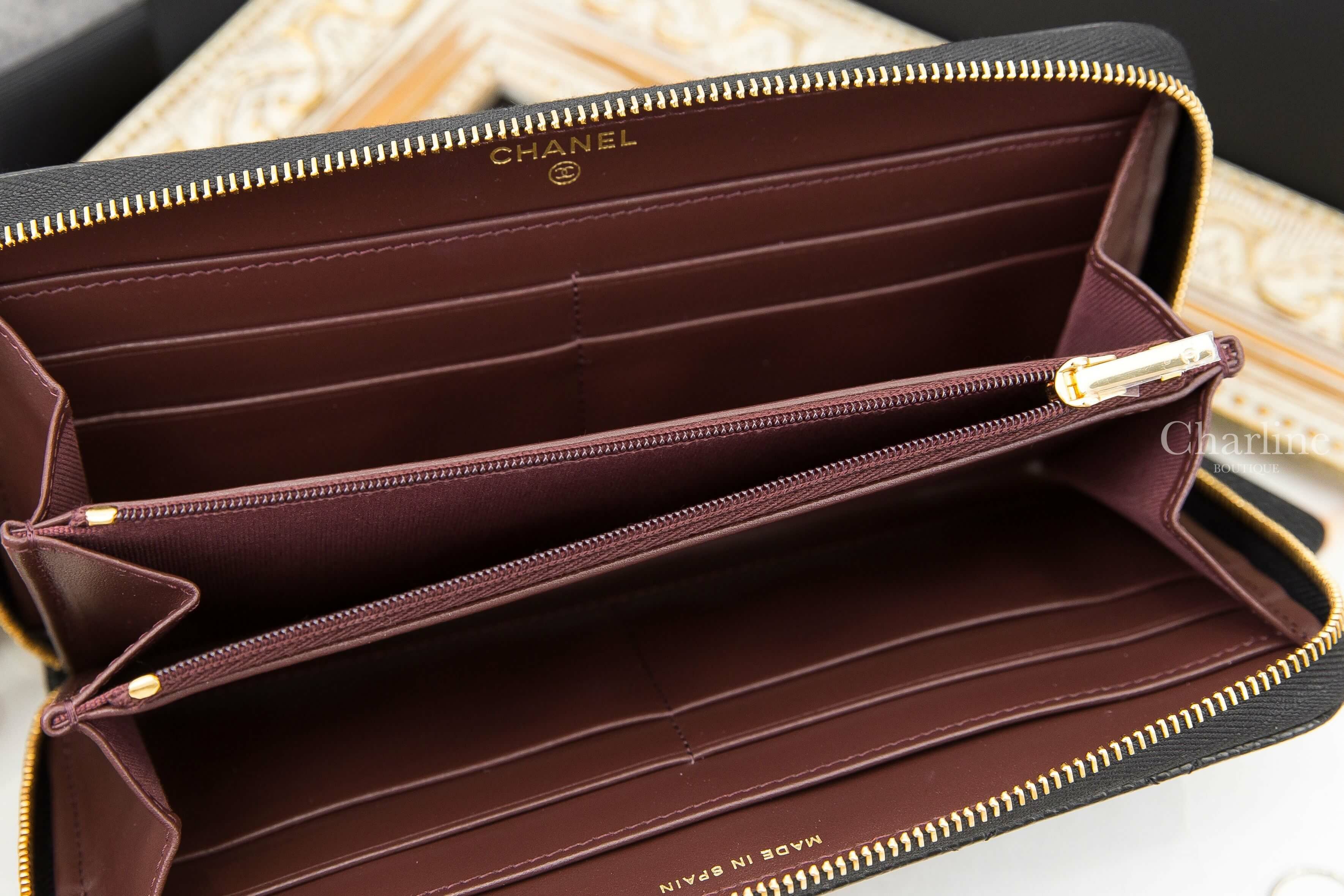 Chanel Zip Long Wallet 黑色金CC酒紅內裡荔枝菱格紋拉鍊長夾-Charline Boutique 精品代購