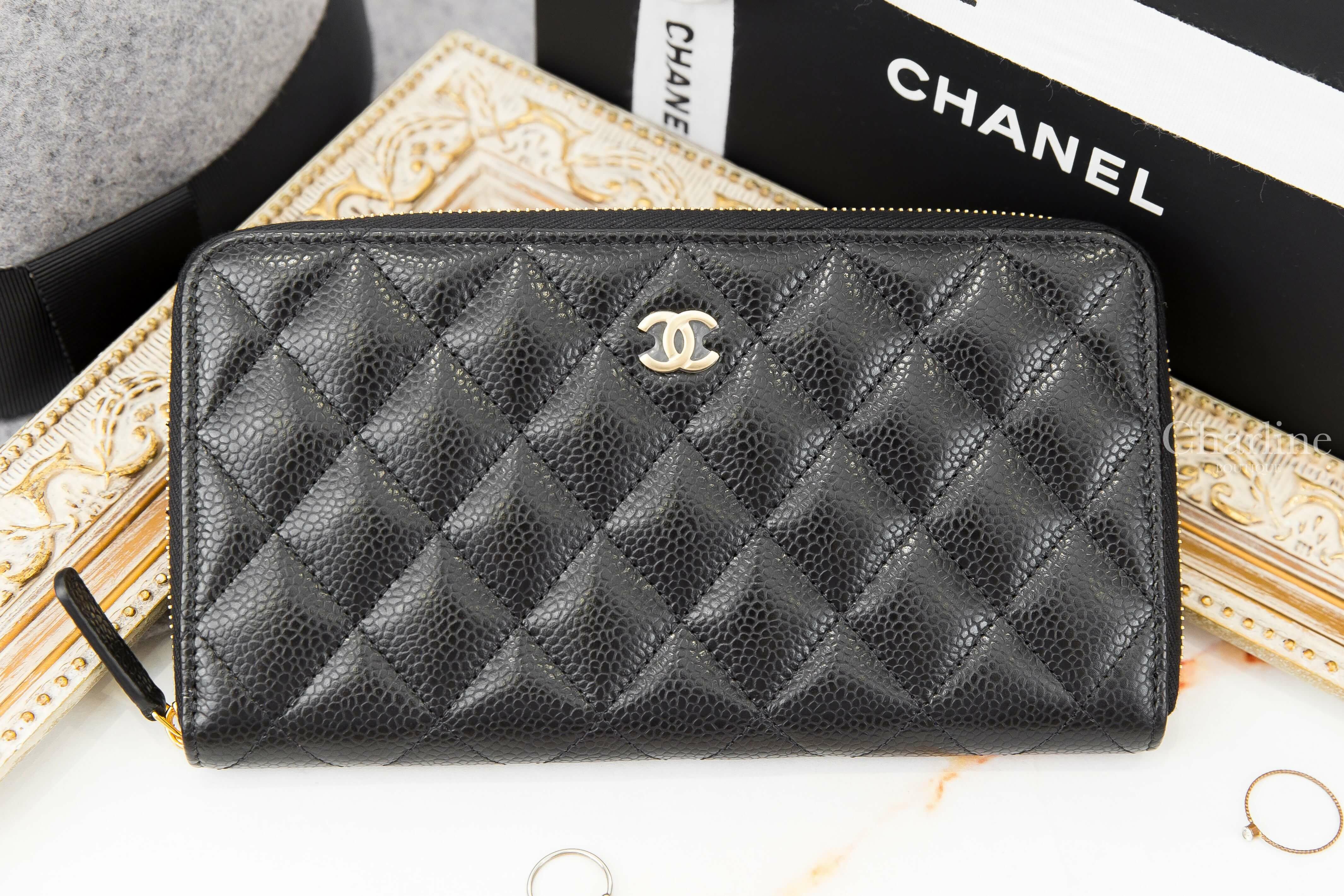 Chanel Zip Long Wallet 黑色金CC酒紅內裡荔枝菱格紋拉鍊長夾