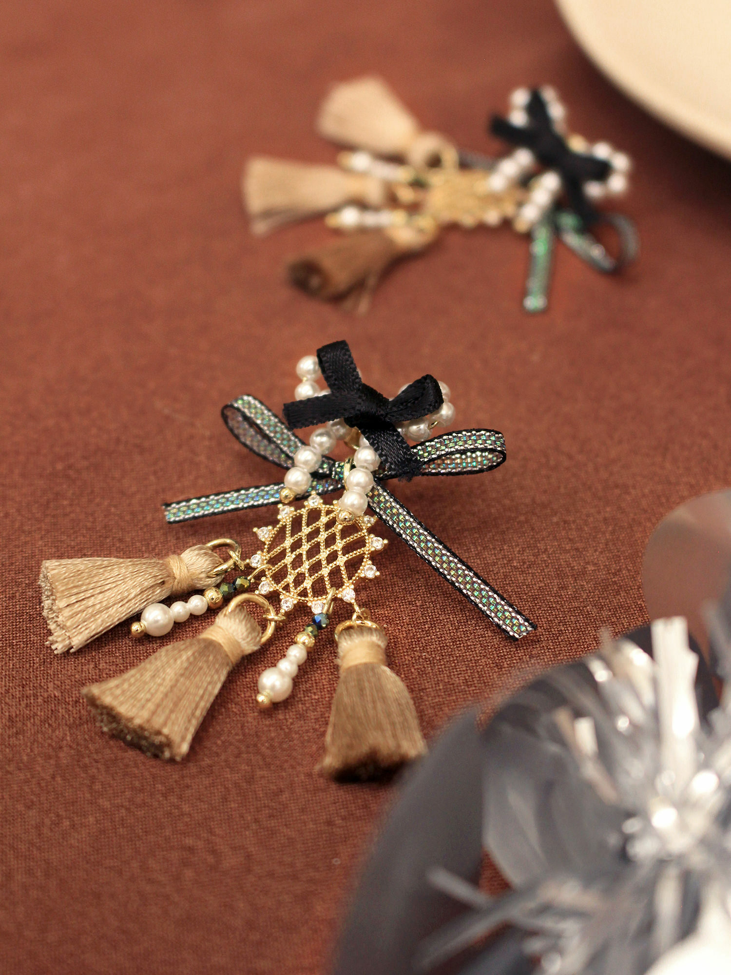 莫斯科情報員。(2way)MUCHAT手作14KGP鏤空蝶結流蘇純銀針耳環