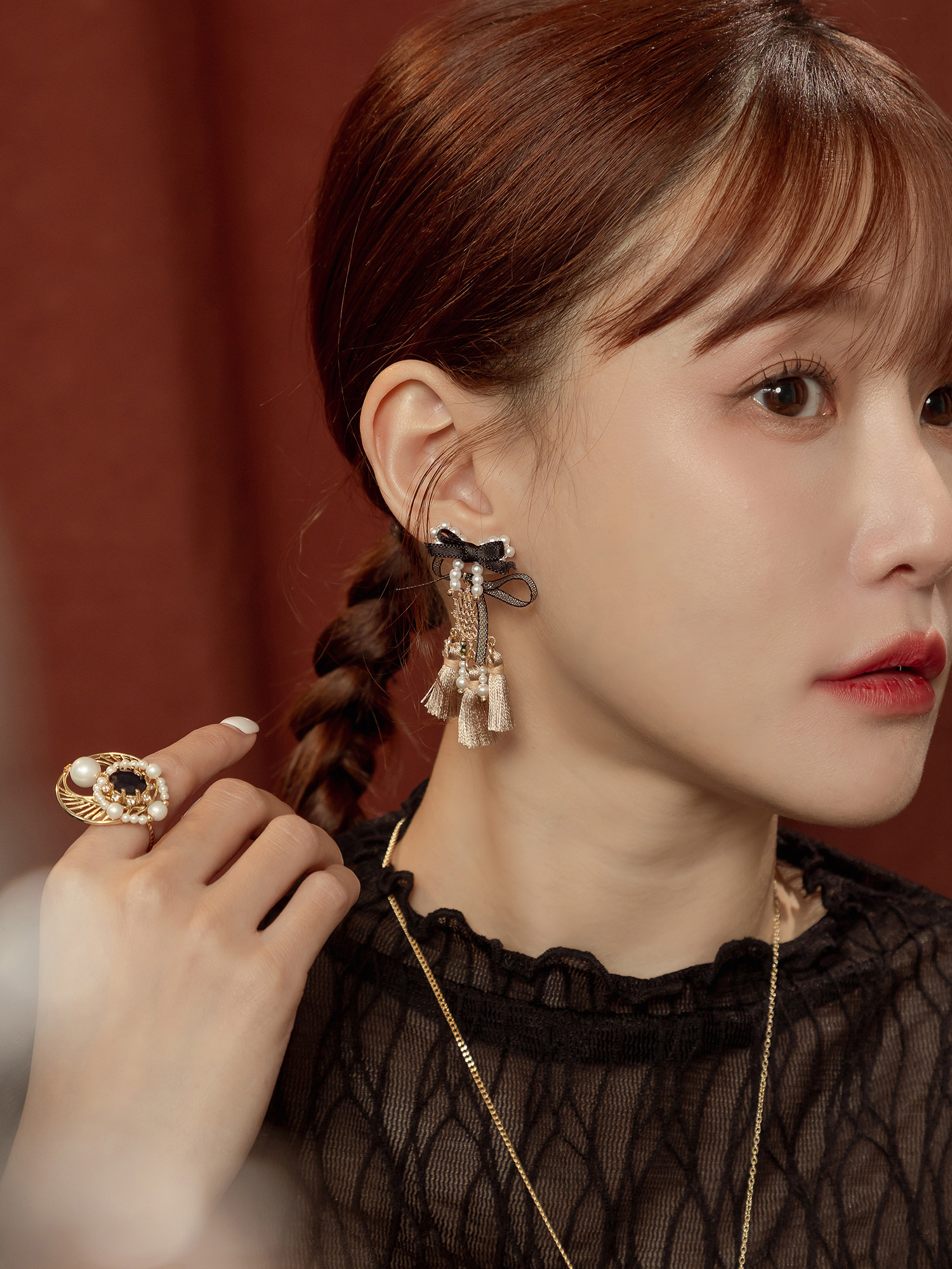 莫斯科情報員。(2way)MUCHAT手作14KGP鏤空蝶結流蘇純銀針耳環