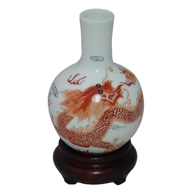 鹿港窯|手繪祥龍獻瑞粉彩天球瓶|開運擺飾藝術瓷器