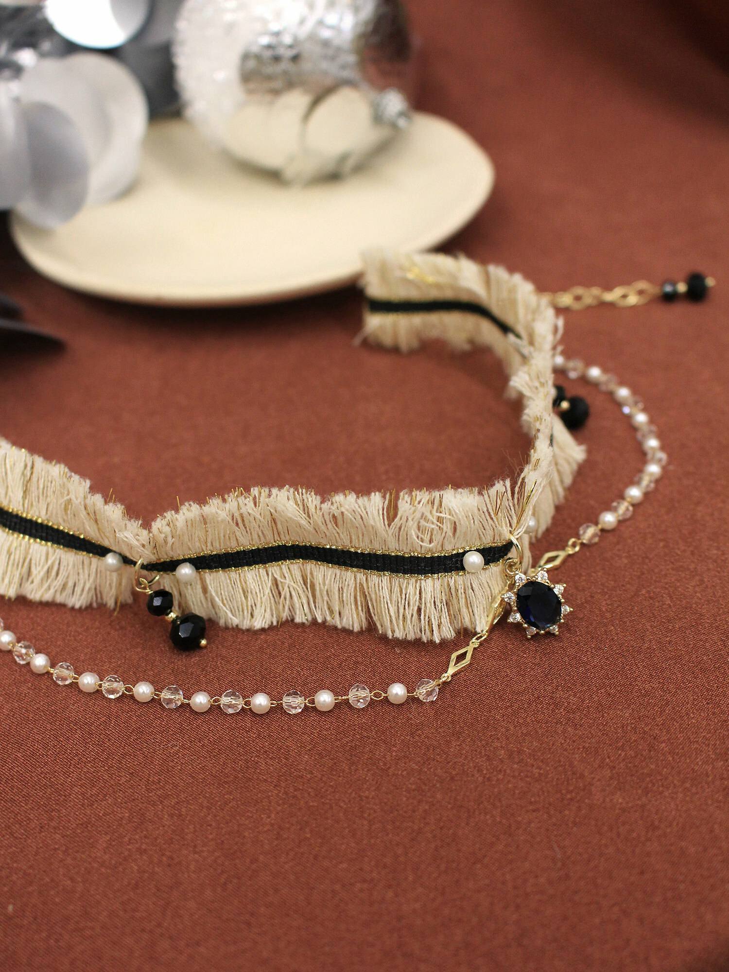 吉米莉亞碎語。MUCHAT手作14KGP水晶珍珠織帶項鍊