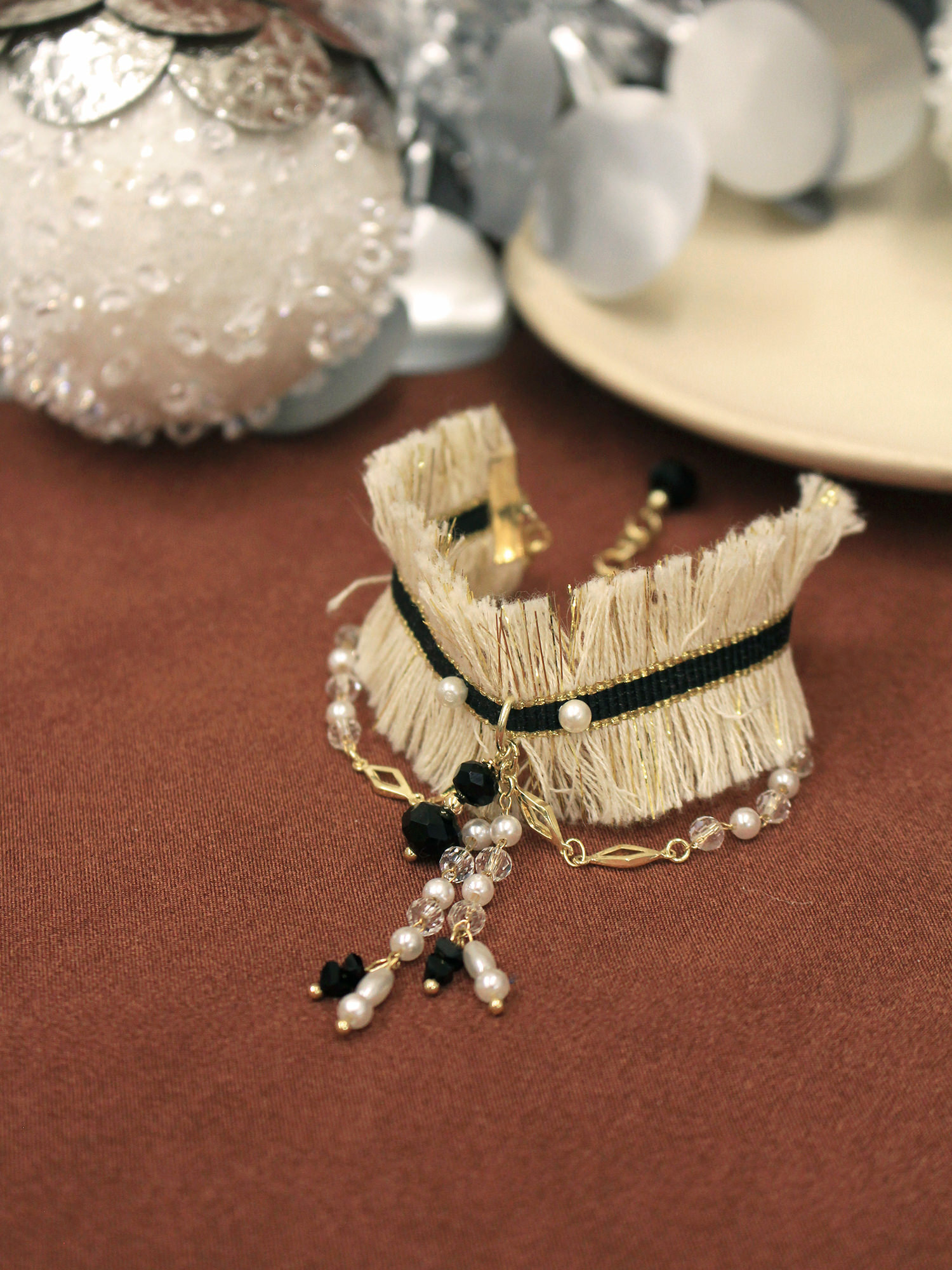 吉米莉亞碎語。MUCHAT手作14KGP黑水晶珍珠織帶手鍊