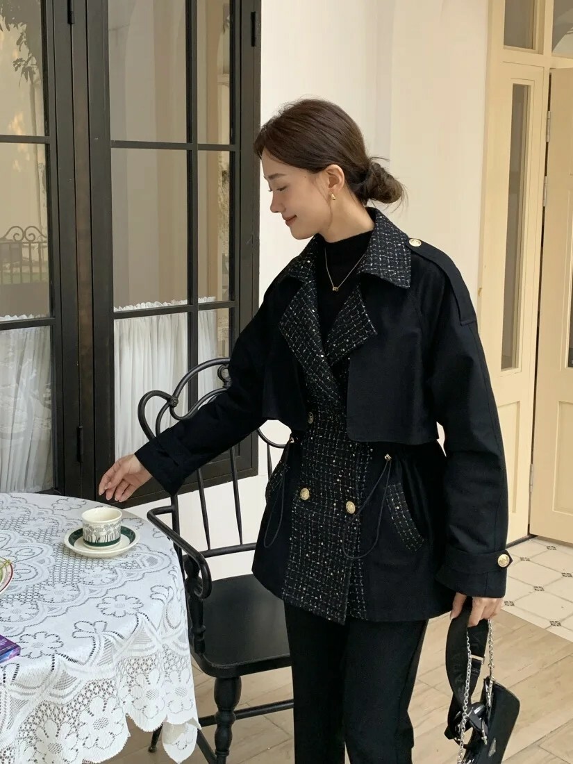 異材質拼接小香軟呢雙排釦翻領外套-F (Elegant & Love)