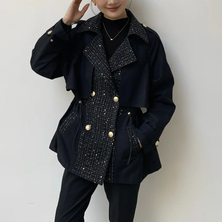 異材質拼接小香軟呢雙排釦翻領外套-F (Elegant & Love)