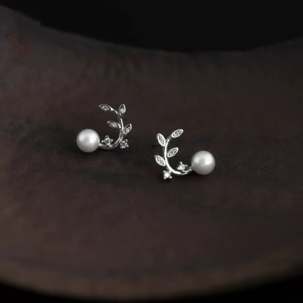 鋯石樹葉珍珠耳環