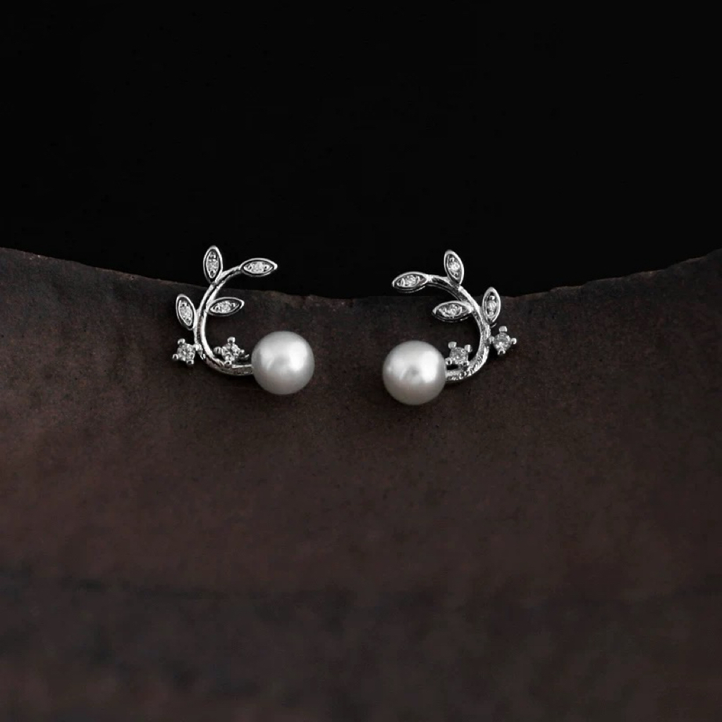 鋯石樹葉珍珠耳環