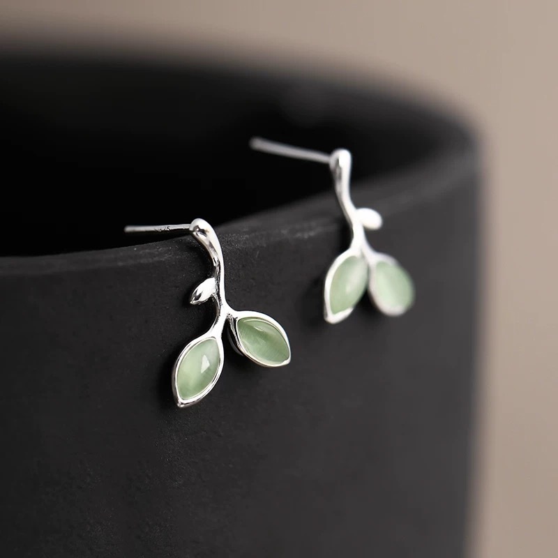 嫩芽綠葉純銀耳環