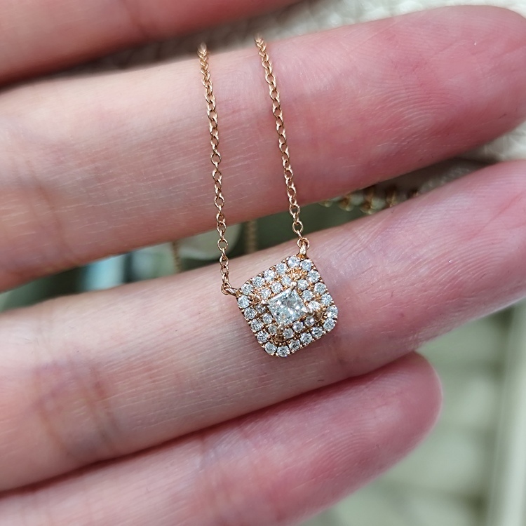 18K金公主方鑽石頸鏈 (白金/紅金)