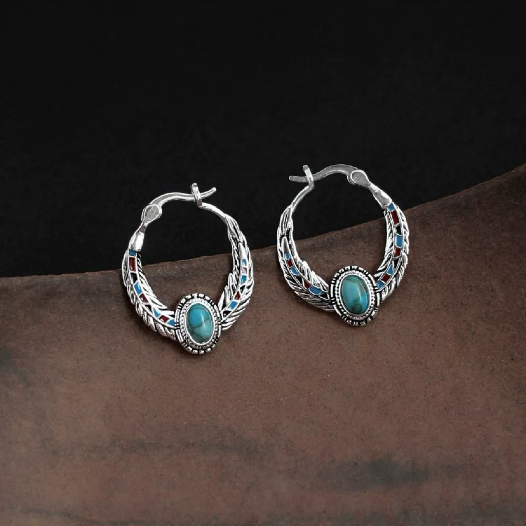 復古民族風羽毛法瑯彩綠松石純銀耳環