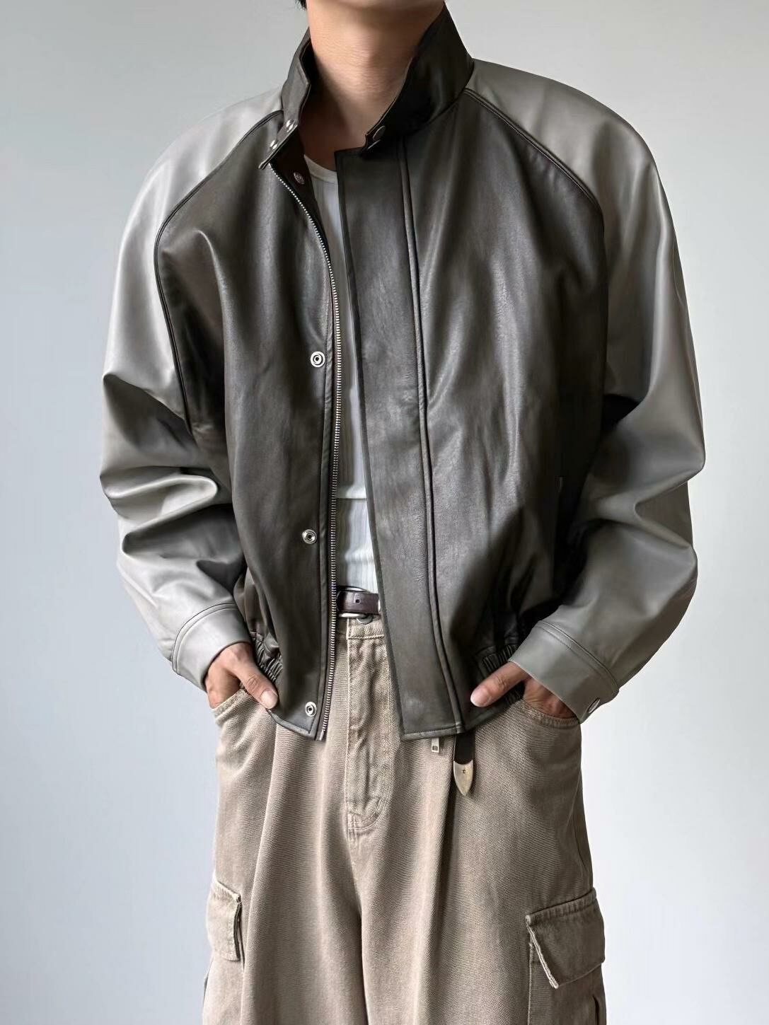 拼色企領拉鍊合成皮褸 LOCAL-003JK