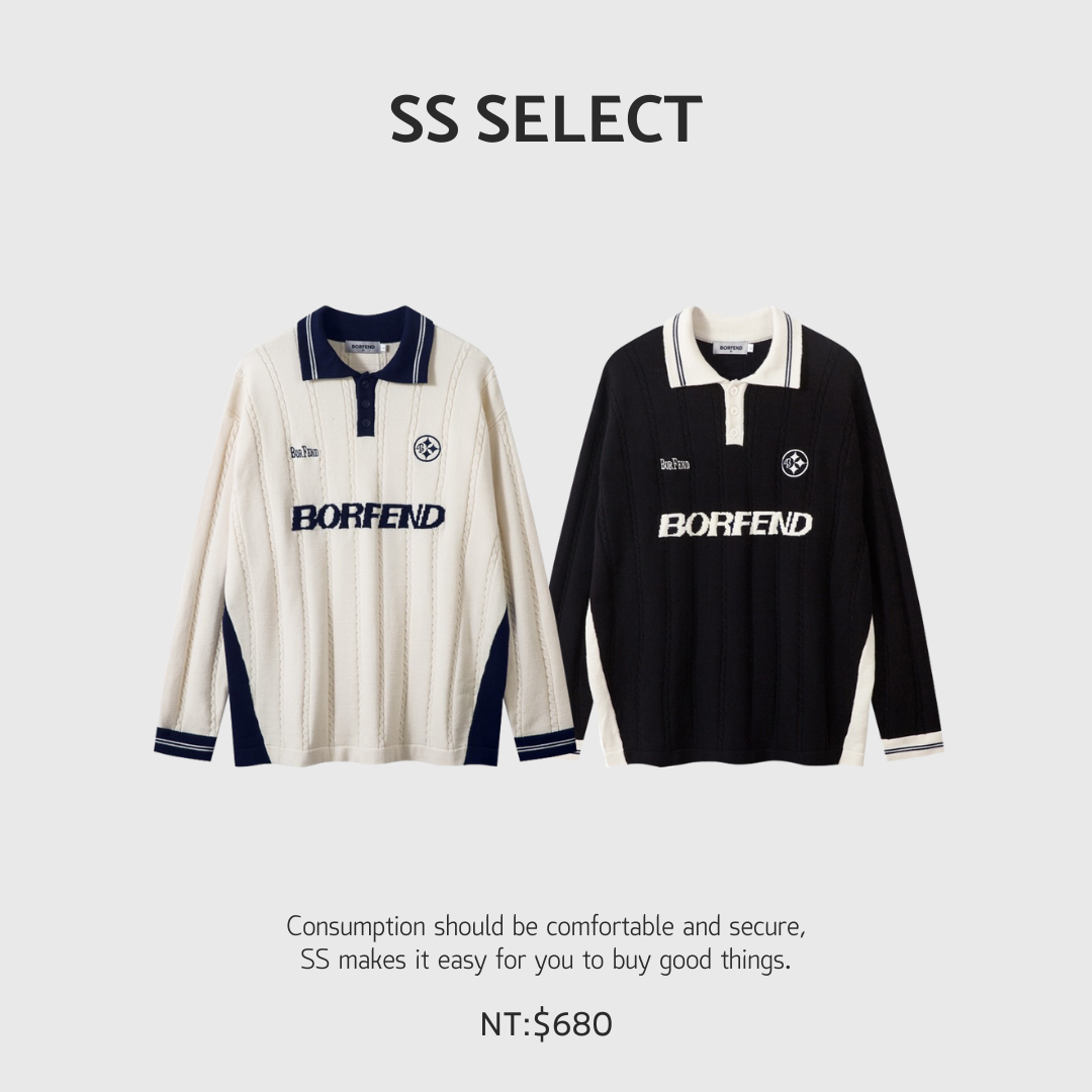 球衣風條紋針織POLO領拼接長袖毛衣