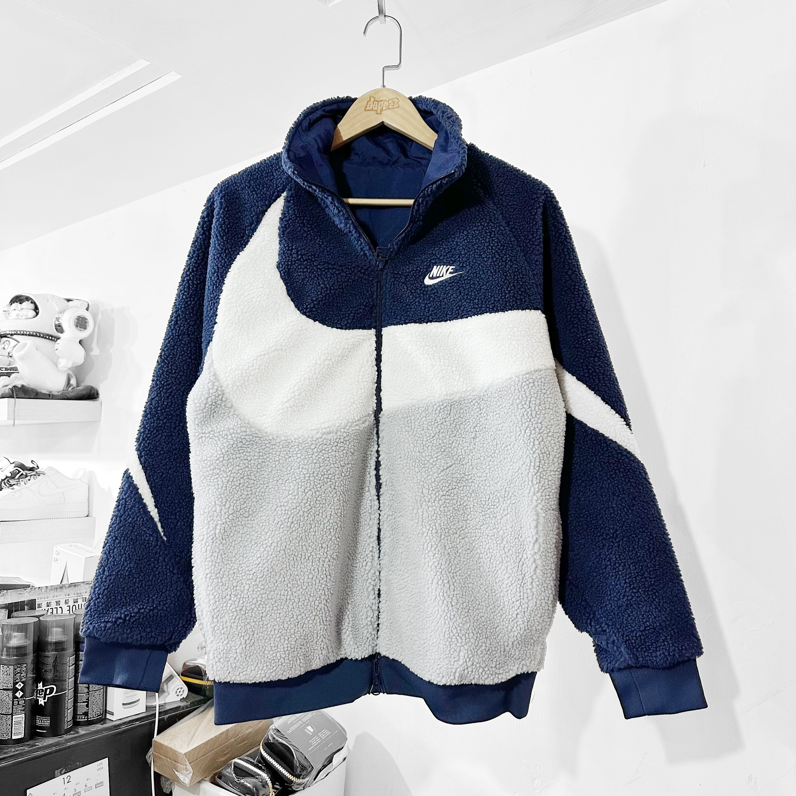 Nike Big Swoosh Jacket Navy  雙面羊羔毛外套 深藍灰白