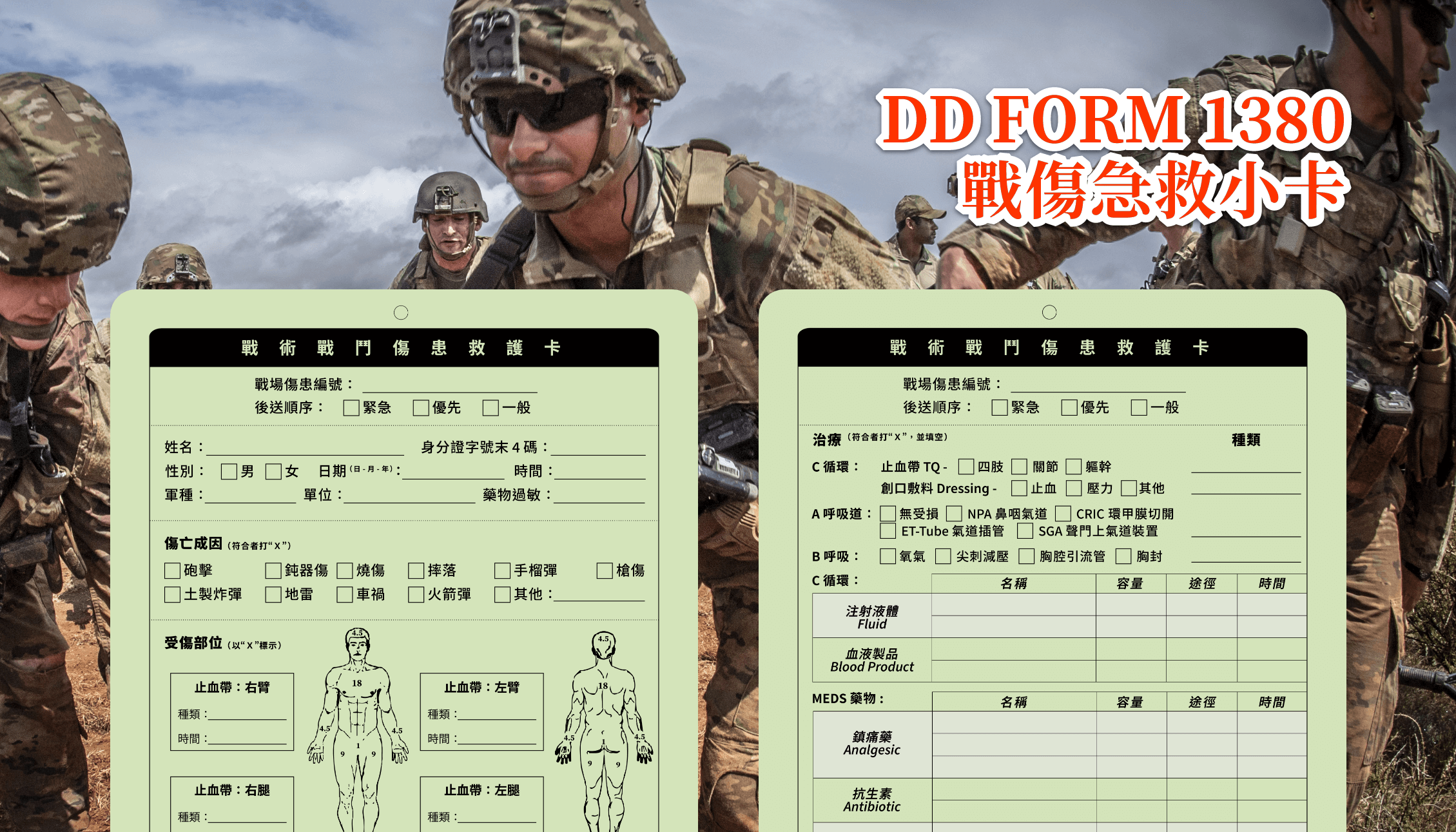 DD1380 Form 戰傷急救小卡｜TCCC MARCH 急救包配件必備傷票 國軍戰術急救包 EMT 「清晰的溝通與準確的紀錄，往往是生與死的分界線。（On the battlefield, there is no margin for error. Clear communication and accurate documentation can mean the difference between life and death）」——TCCC 委員會主席巴特勒醫生（Dr. Frank K. Butler）形容戰場醫療紀錄的重要性。這句話指出 TCCC DD1380 傷患卡 在戰傷急救的重要性，這張卡片能有效紀錄混亂環境下的急救情況與處置。  在本文中，我們將探討為什麼 DD1380 是戰鬥醫護兵不可或缺的工具，同時分享如何正確使用技巧。