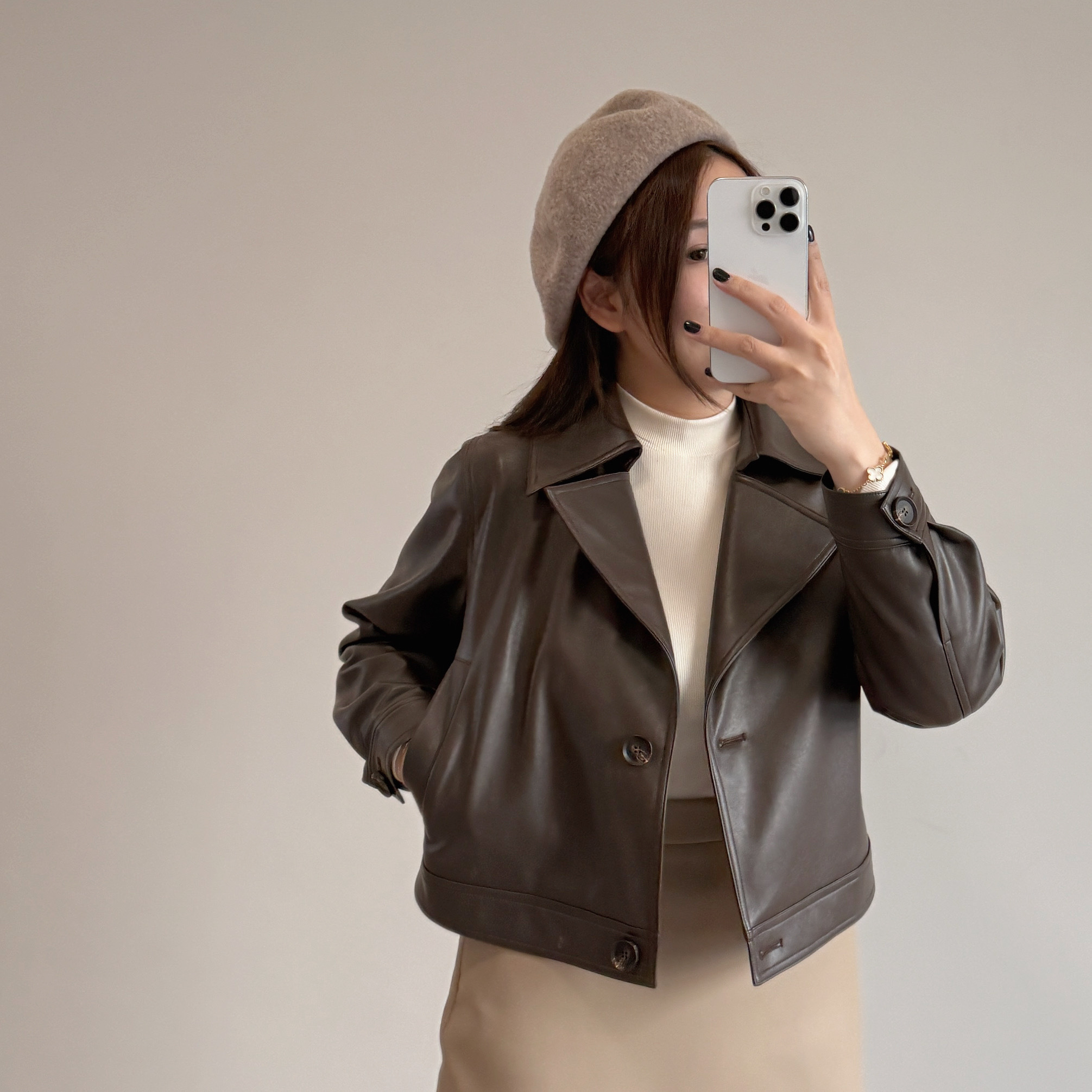 現貨 7121 咖色翻領皮外套