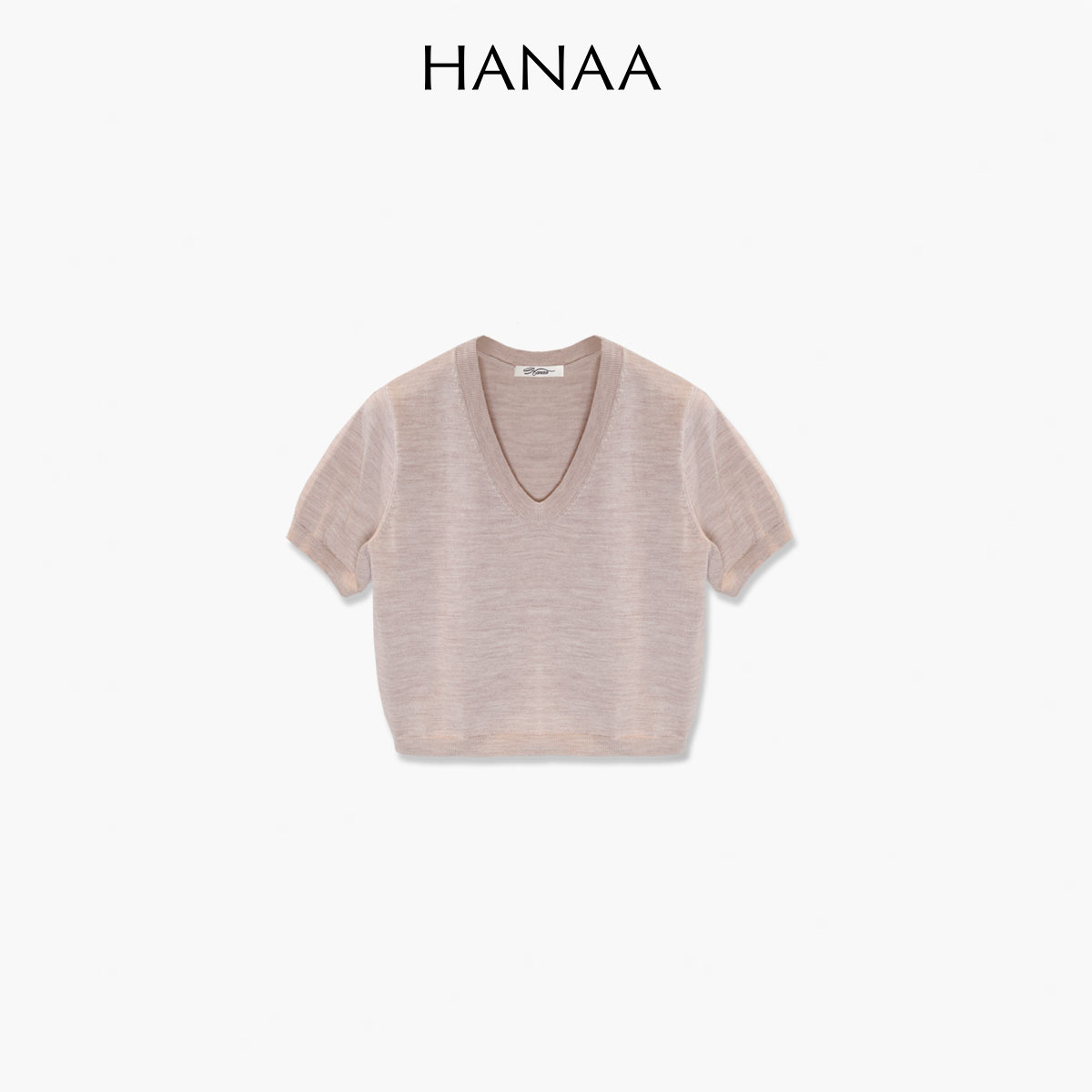 HANAA新款女士V領羊毛桑蠶絲薄款修身短袖簡約休閒短款上衣