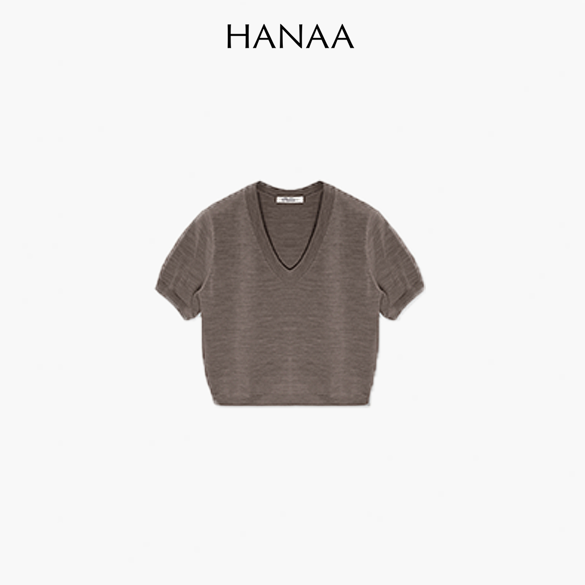HANAA新款女士V領羊毛桑蠶絲薄款修身短袖簡約休閒短款上衣