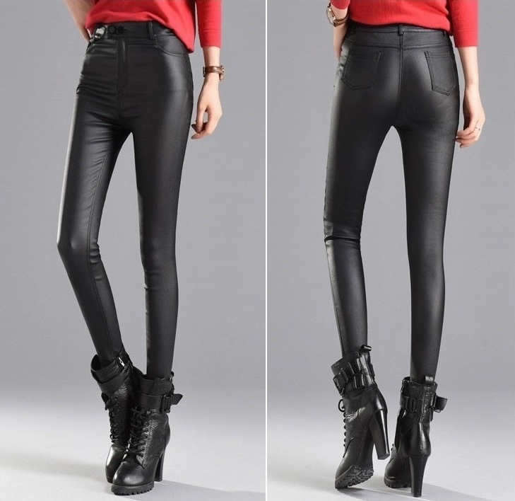 雙釦激瘦彈力皮革貼腿褲 885