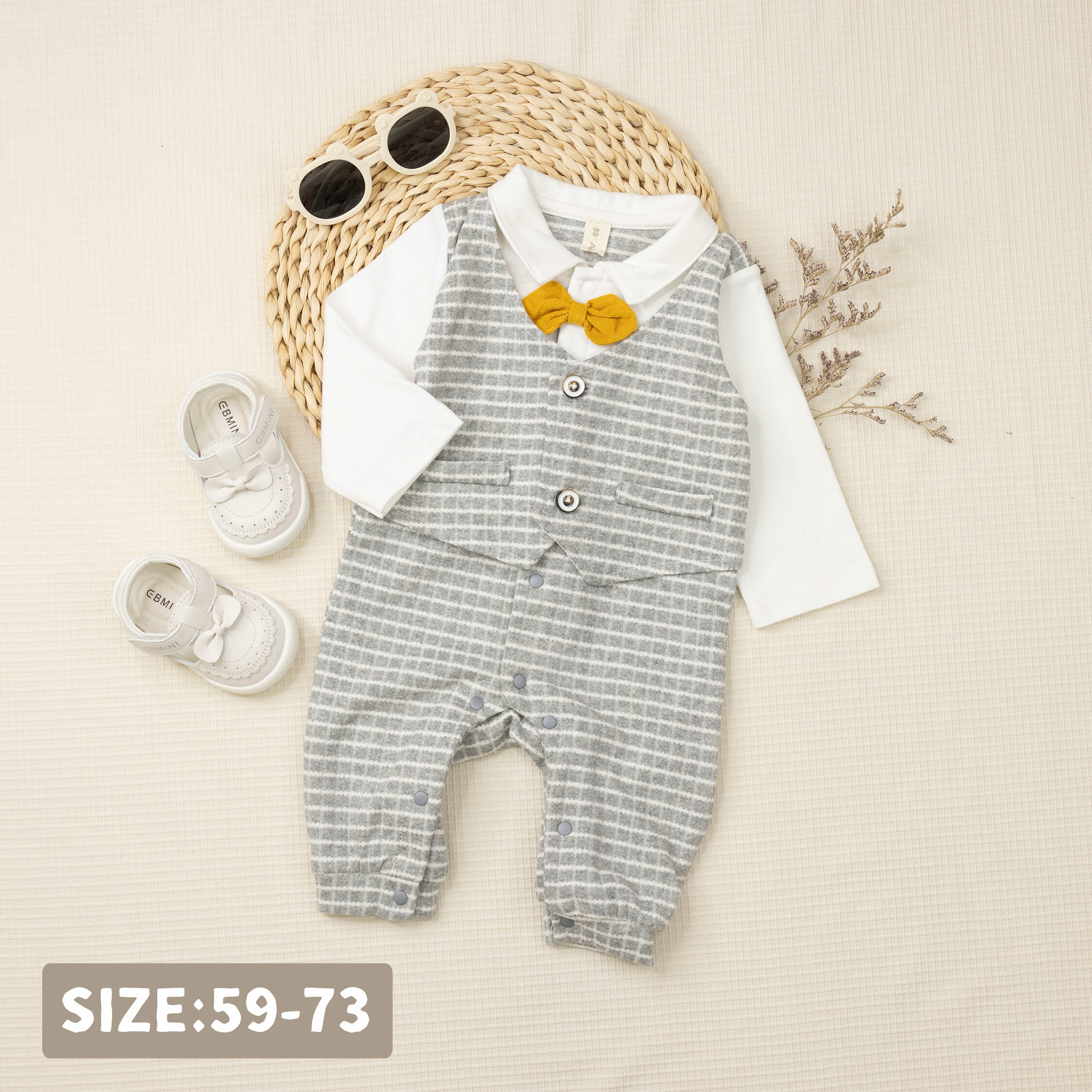 【JG3340】紳士領結格紋舒適假兩件連身衣