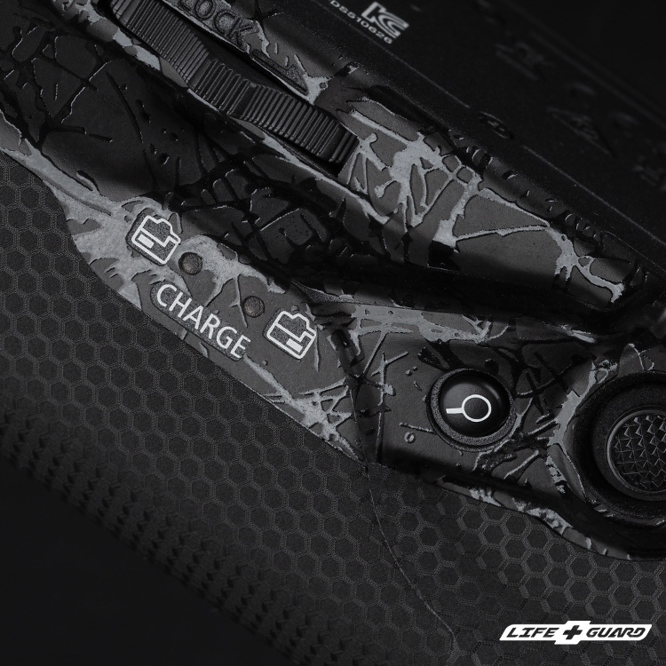 Canon BG-R20 貼膜質感特寫，LIFE+GUARD 潑墨極黑設計風格