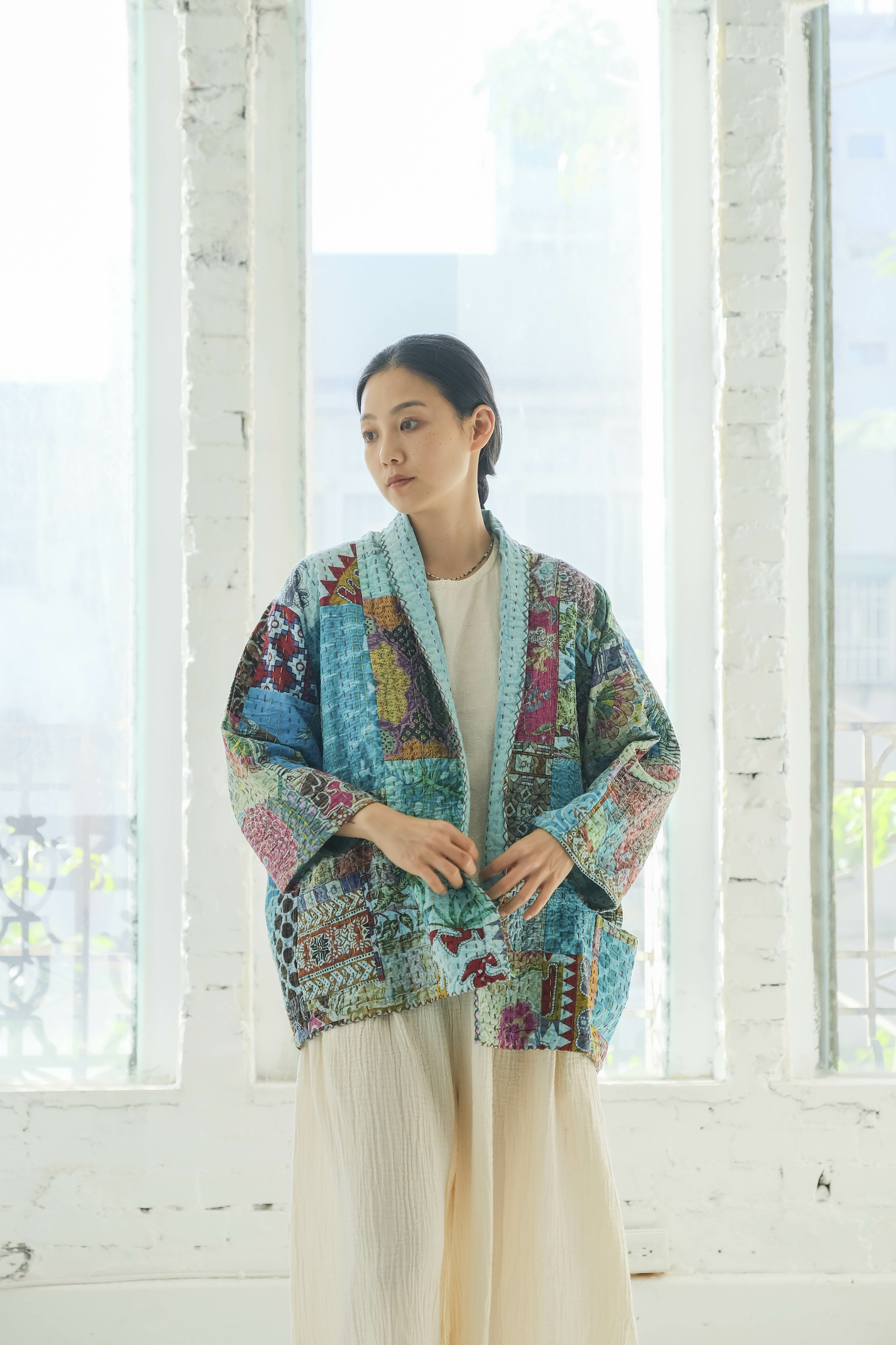 坎塔刺繡兩面穿中性和式外套 淡藍