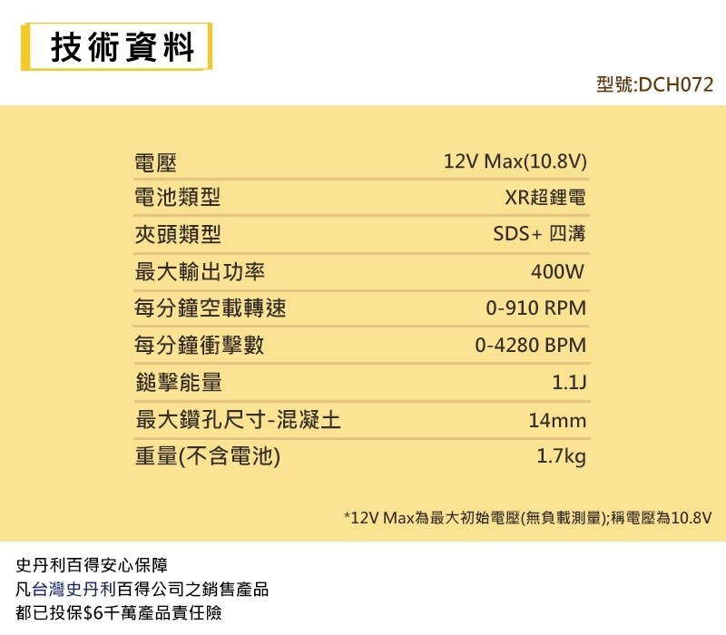 得偉 DEWALT 12V 四溝 二用電鎚鑽 DCH072L2 雙電3.0 DCH072