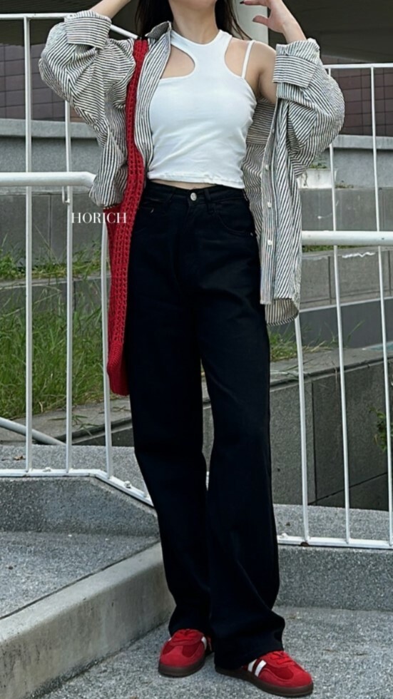 Y132-巨藏肉顯瘦 高腰闊腿直筒寬鬆 牛仔落地褲 (2色)(正常/加長) XS-2XL-黑色