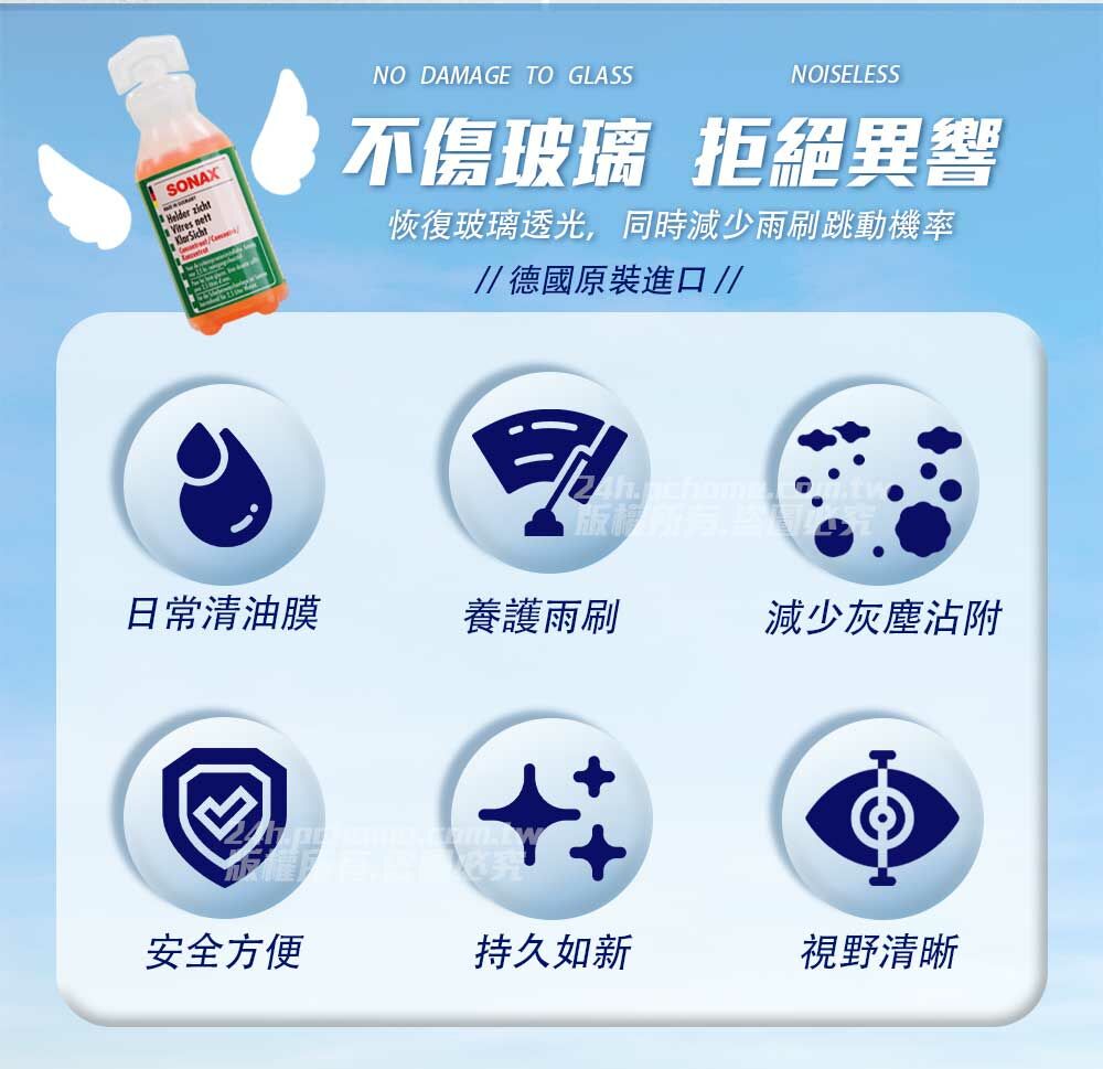 NO DAMAGE TO GLASSSONAXHelder zicht  Sicht// 德國原裝進口 //恢復玻璃透光,同時減少雨刷跳動機率不傷玻璃 拒絕異響NOISELESS日常清油膜養護雨刷減少灰塵沾附安全方便持久如新視野清晰