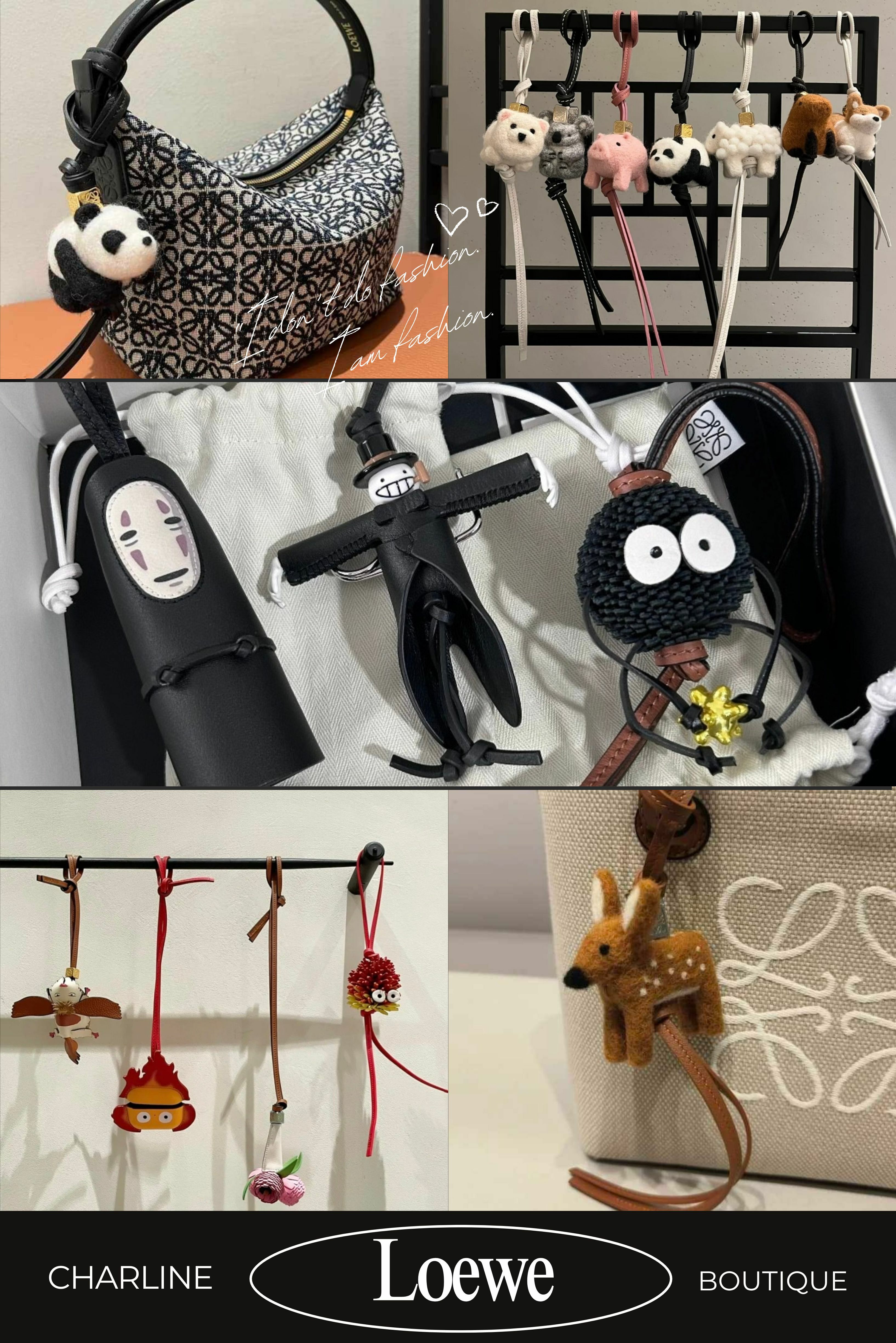 精品吊飾推薦 4：Loewe Loewe 的掛飾超級可愛！如果你喜歡與眾不同、不想跟人撞款，那你一定會愛上 Loewe！他們家的吊飾最常見的是用毛氈和精緻牛皮革做成的動物造型，就像是一座迷你動物園，每一個都充滿童趣，超級療癒，讓人一眼就心動。另外還搭配了 Loewe 經典的 Anagram 骰子和高級牛皮革環，瞬間讓整體質感提升，包包也變得超有亮點！無論是大象、兔子、貓頭鷹，還是充滿色彩的植物與金屬吊飾，每款都能為你的造型增添獨特的個性和幸福感。 而且 Loewe 也超會做聯名！像是這幾年都有和 Loewe聯名的京都陶藝工作室Suna Fujita 或是 Loewe x 《霍爾的移動城堡》聯名系列，每一款的限量吊飾都超值得收藏。最棒的是，Loewe 還可以客製化，讓你加購英文字母，讓吊飾變得獨一無二，完全屬於你！這一點無論是作為送禮還是自用，都很有心意呀！！