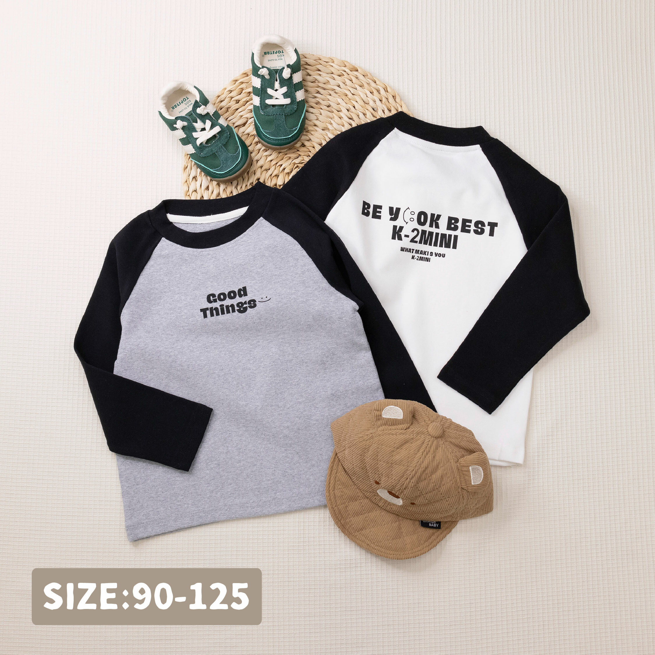 【H45513】藝術英字微笑拼接袖上衣/內搭衣