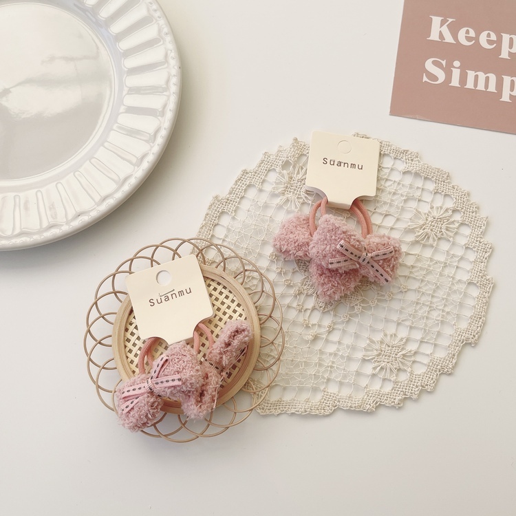 粉色毛毛蝴蝶結髮圈