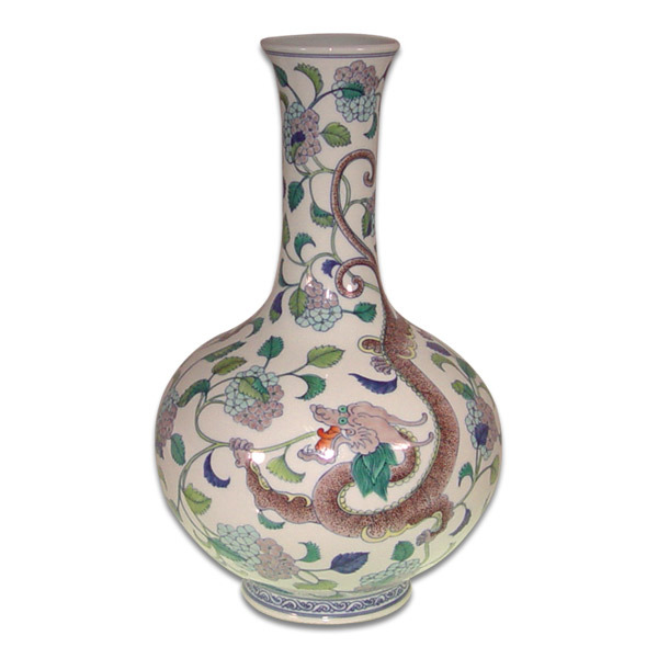 鹿港窯|開運鬥彩瓷 - 彩繪天球花瓶「二龍戲花」仿乾隆精品