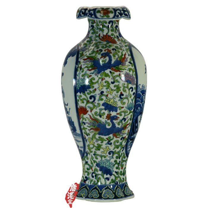 鹿港窯|居家開運鬥彩瓷器花瓶 - 彩繪海棠瓶 纏枝鳳凰與木蘭從軍圖 仿乾隆精品