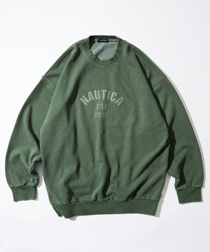 限時特價預購┃日線 NAUTICA Pigment Dyed Felt Patch Arch Logo Crewneck Sweatshirt 水洗 寬鬆 衛衣