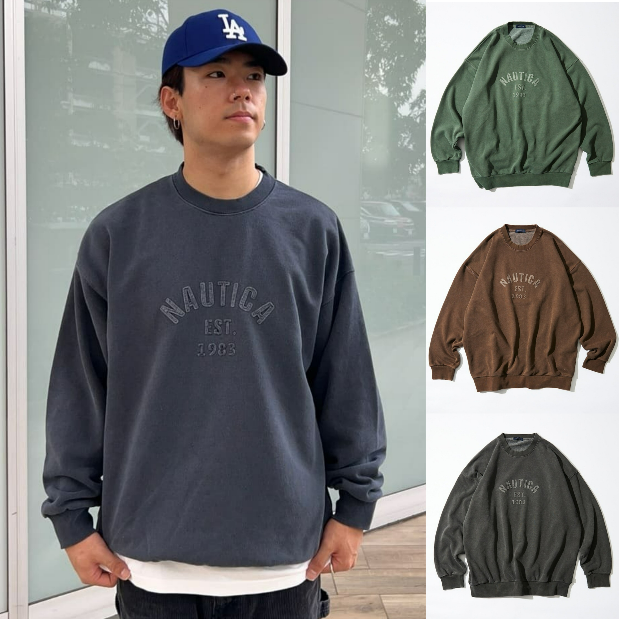 限時特價預購┃日線 NAUTICA Pigment Dyed Felt Patch Arch Logo Crewneck Sweatshirt 水洗 寬鬆 衛衣