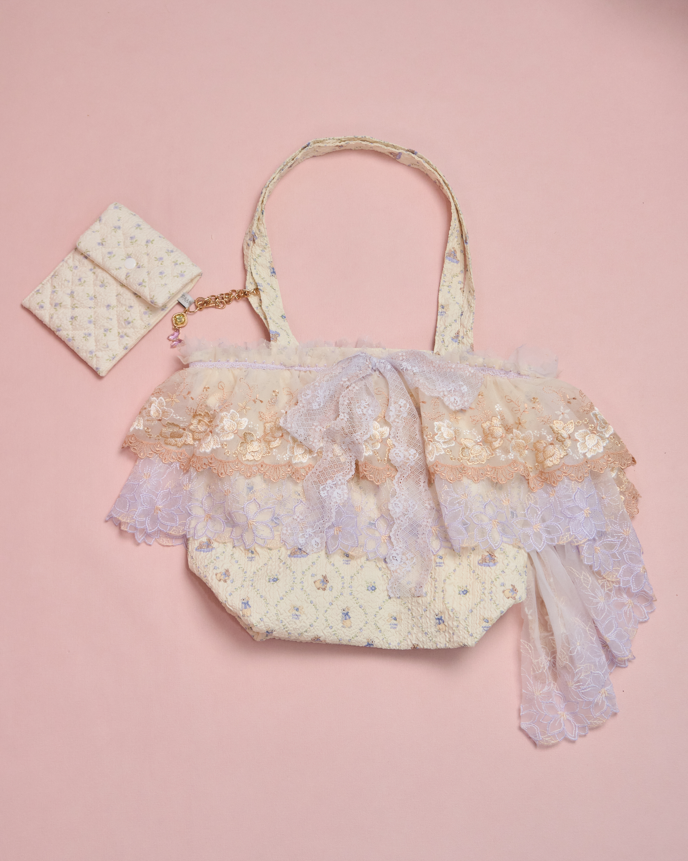 11610 Pastoral Style Laced Tote Bag with Detachable Mini Bag Set