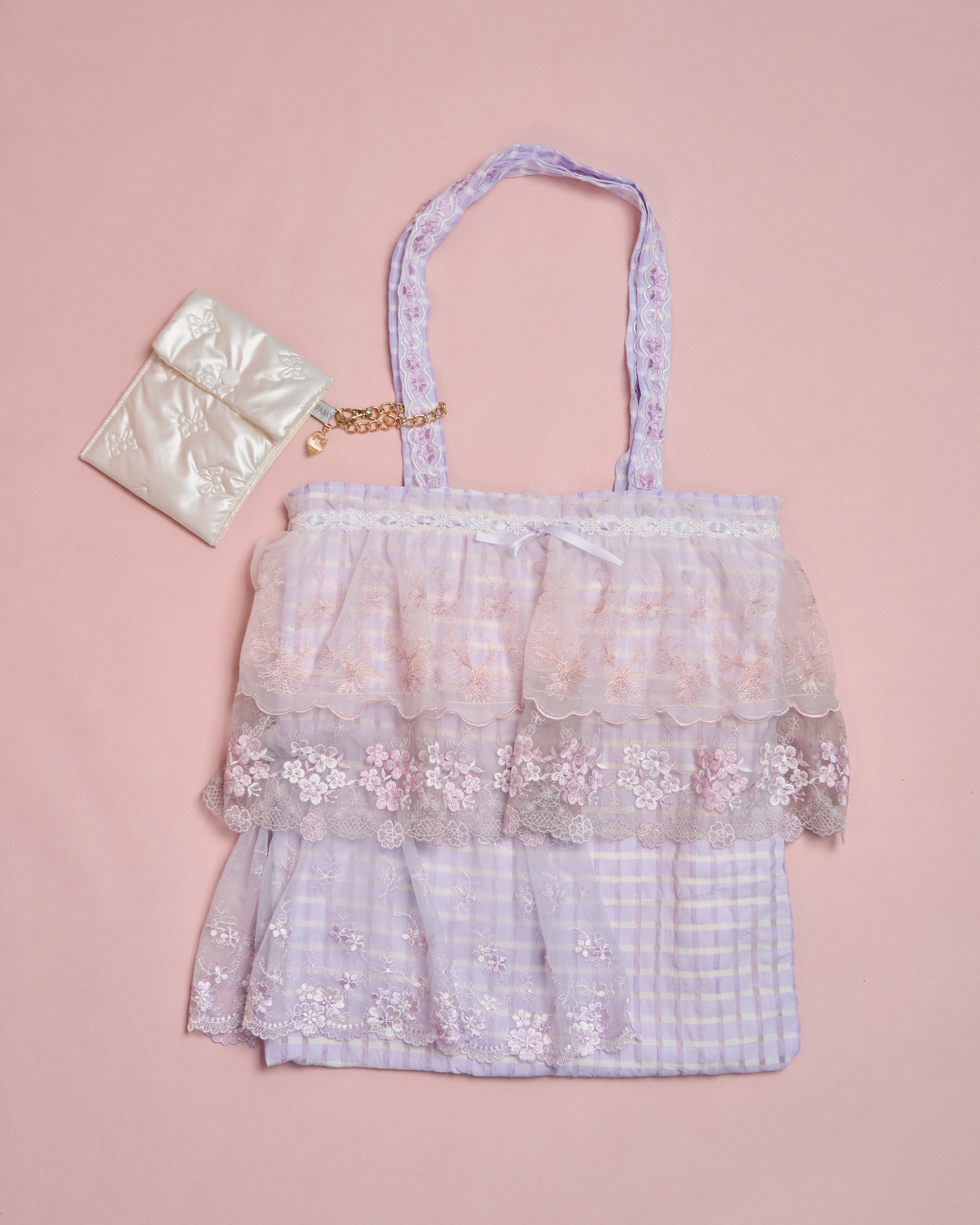 11612 Pastoral Style Laced Tote Bag with Detachable Mini Bag Set