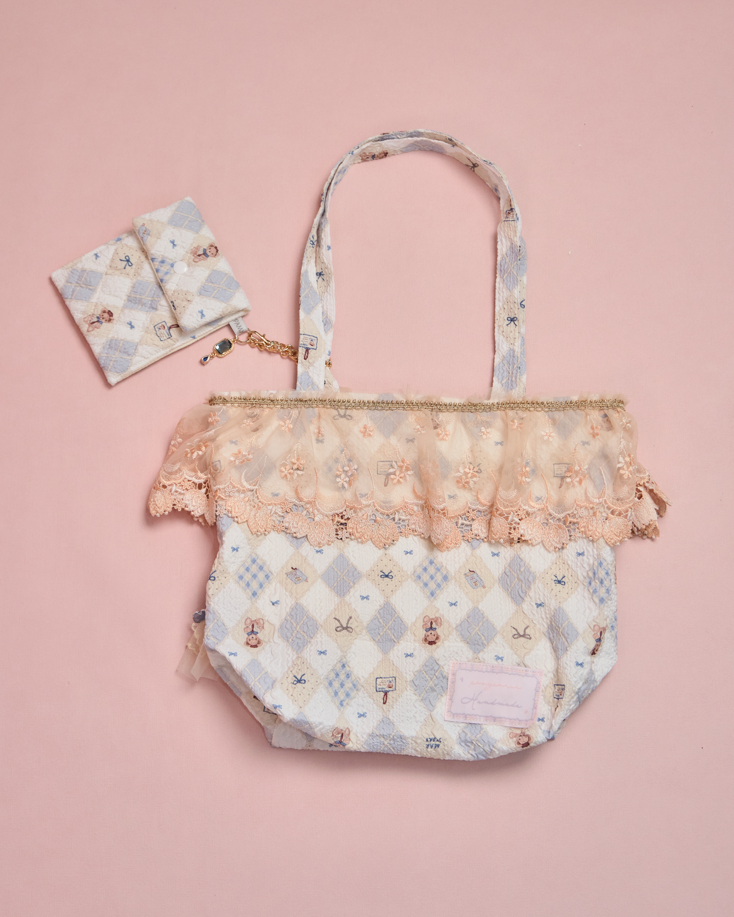 11609 Pastoral Style Laced Tote Bag with Detachable Mini Bag Set