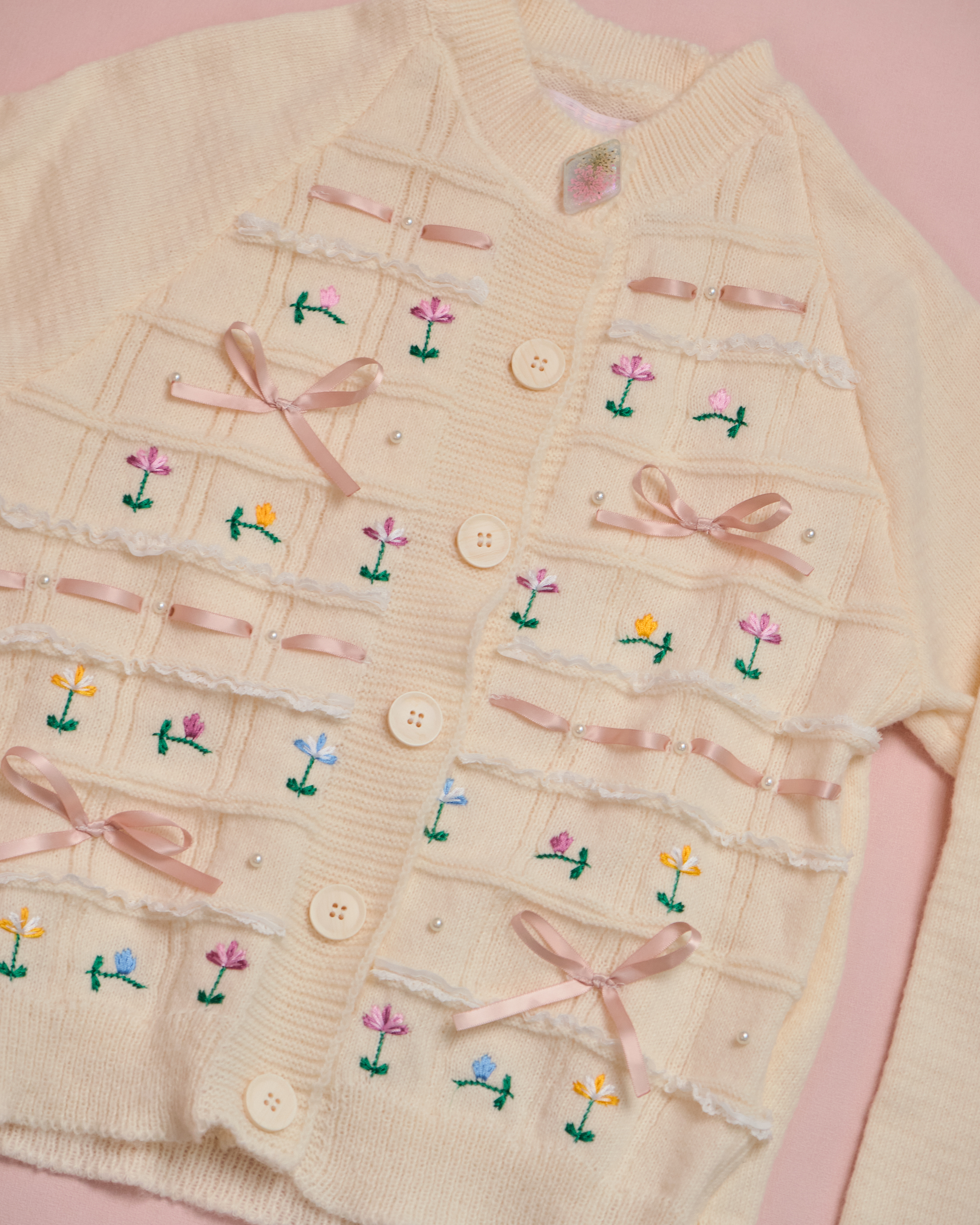 11616 絲帶蝴蝶結繡花毛衣