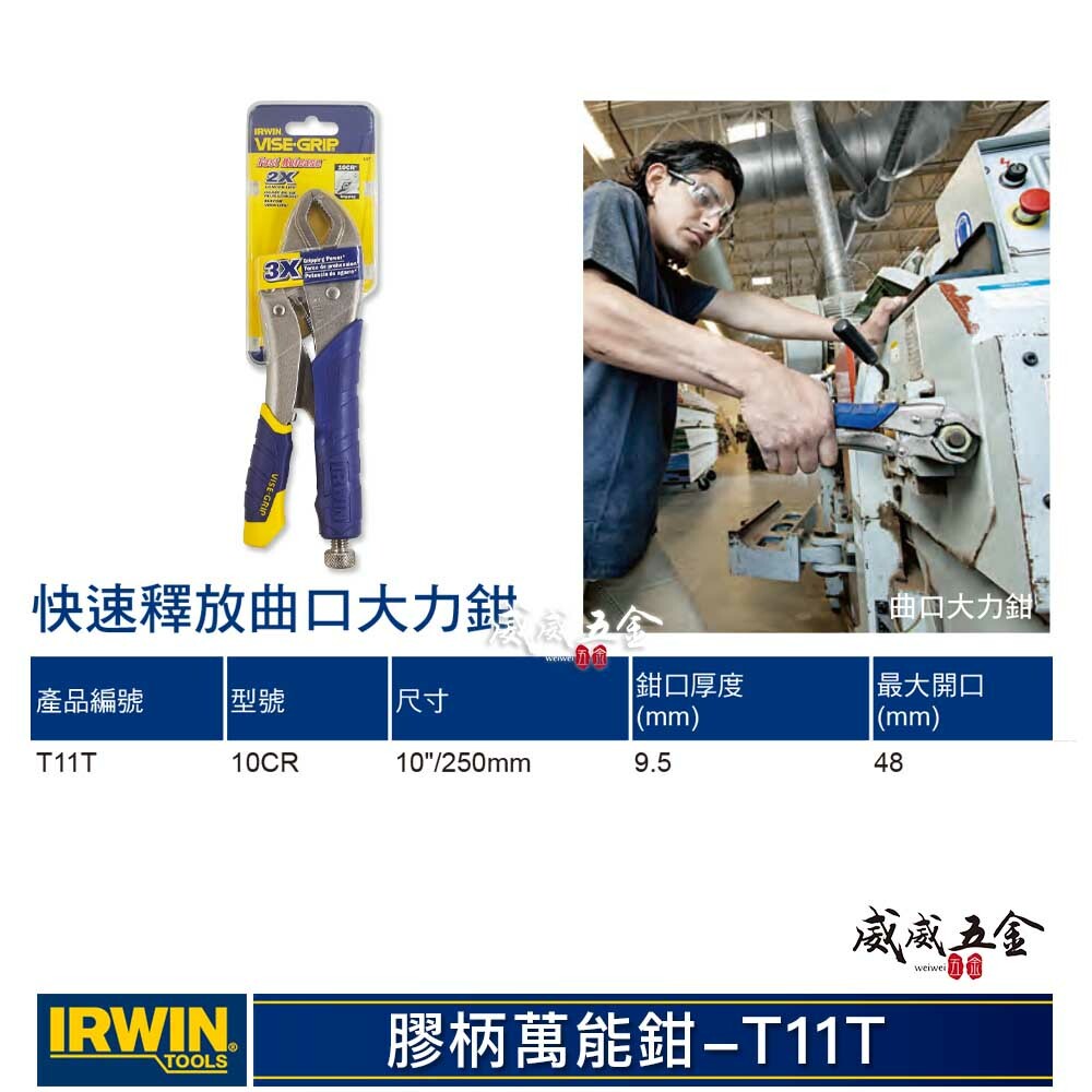 美國 IRWIN 握手牌｜膠柄10CR｜10"人體工學握柄萬能鉗 膠柄萬能固定鉗 強力夾齒萬能夾鉗｜T11T