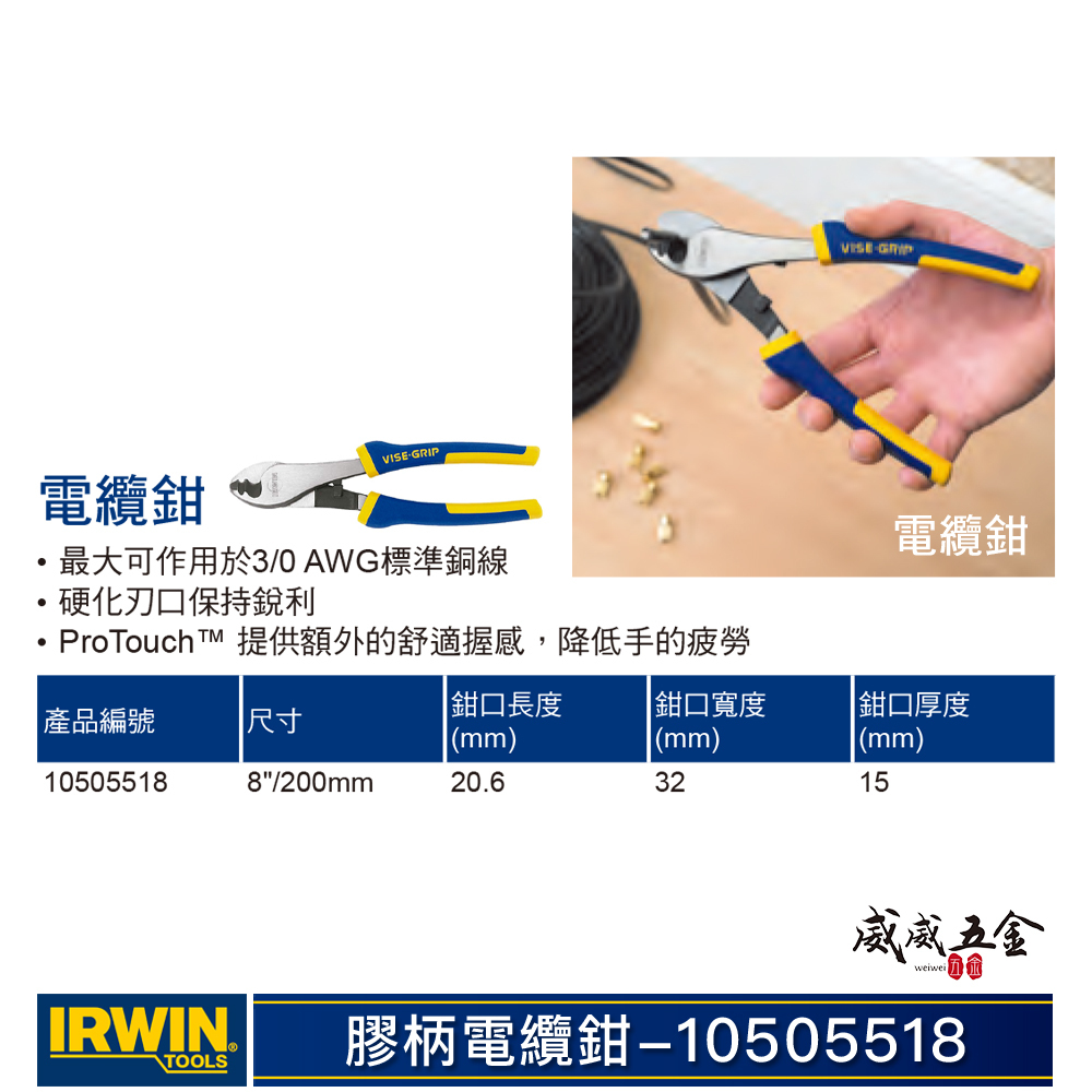 美國 IRWIN 握手牌｜10505518｜膠柄電纜剪刀 8" 銅線 電纜剪 電纜線剪鉗｜VISE-GRIP