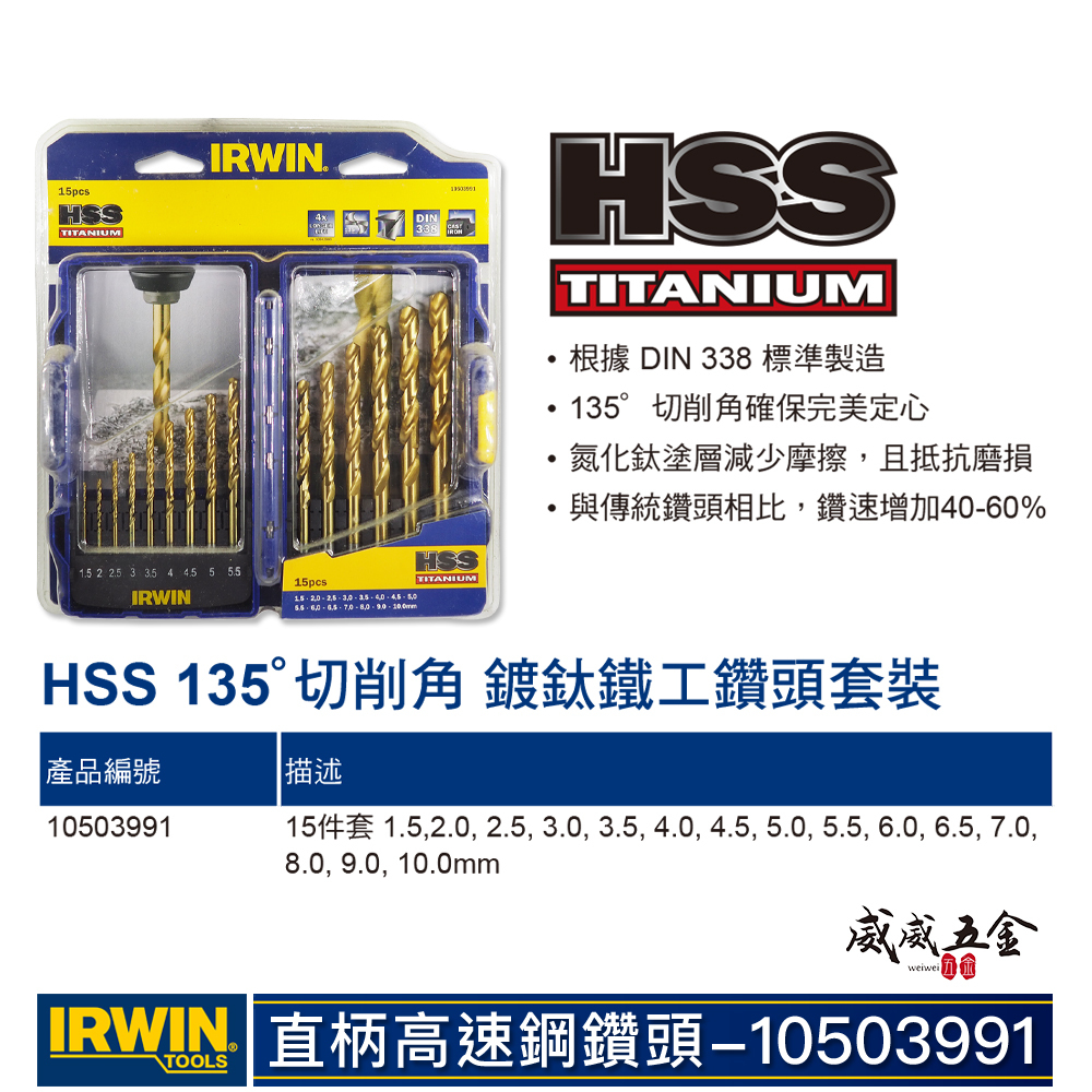 美國 IRWIN 握手牌｜HSS 1.5-10mm直柄高速鋼金屬鑽尾 盒裝鐵工鑽頭15支組｜10503991