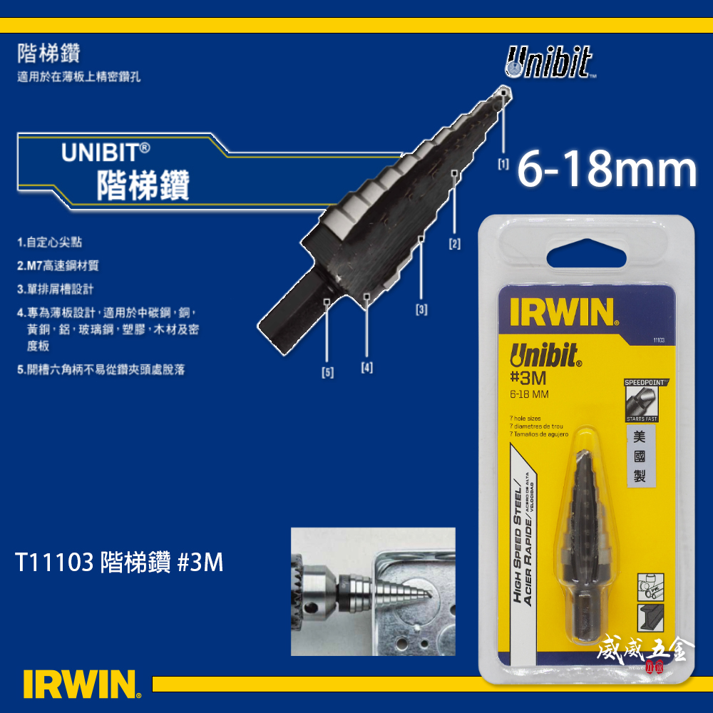 IRWIN 美國製 握手牌｜6-18mm 階梯鑽 7段 直柄階梯鑽頭 鑽孔鑽尾｜11103｜10502852